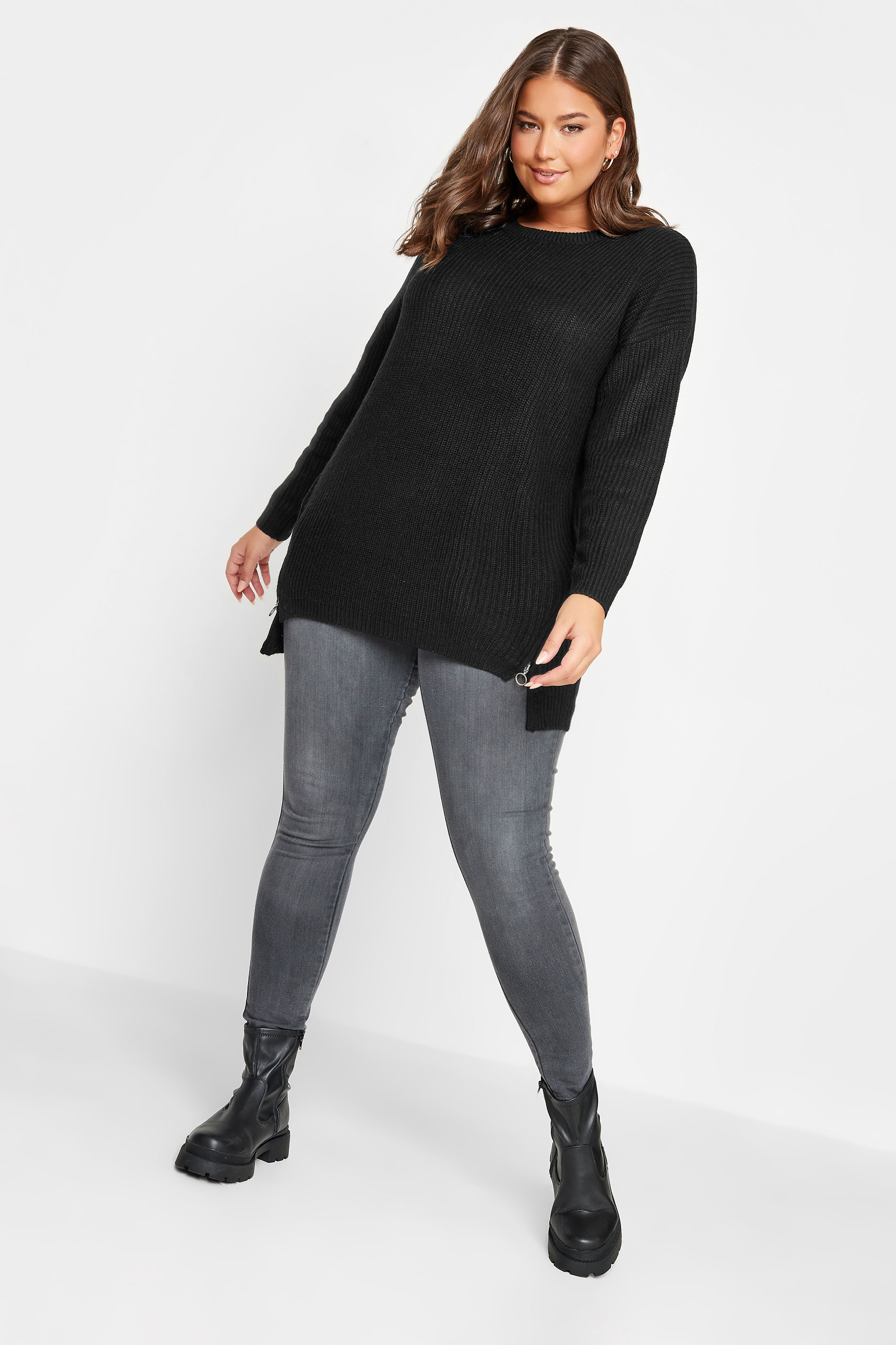 YOURS Plus Size Black Side Zip Knitted Jumper | Yours Clothing 2