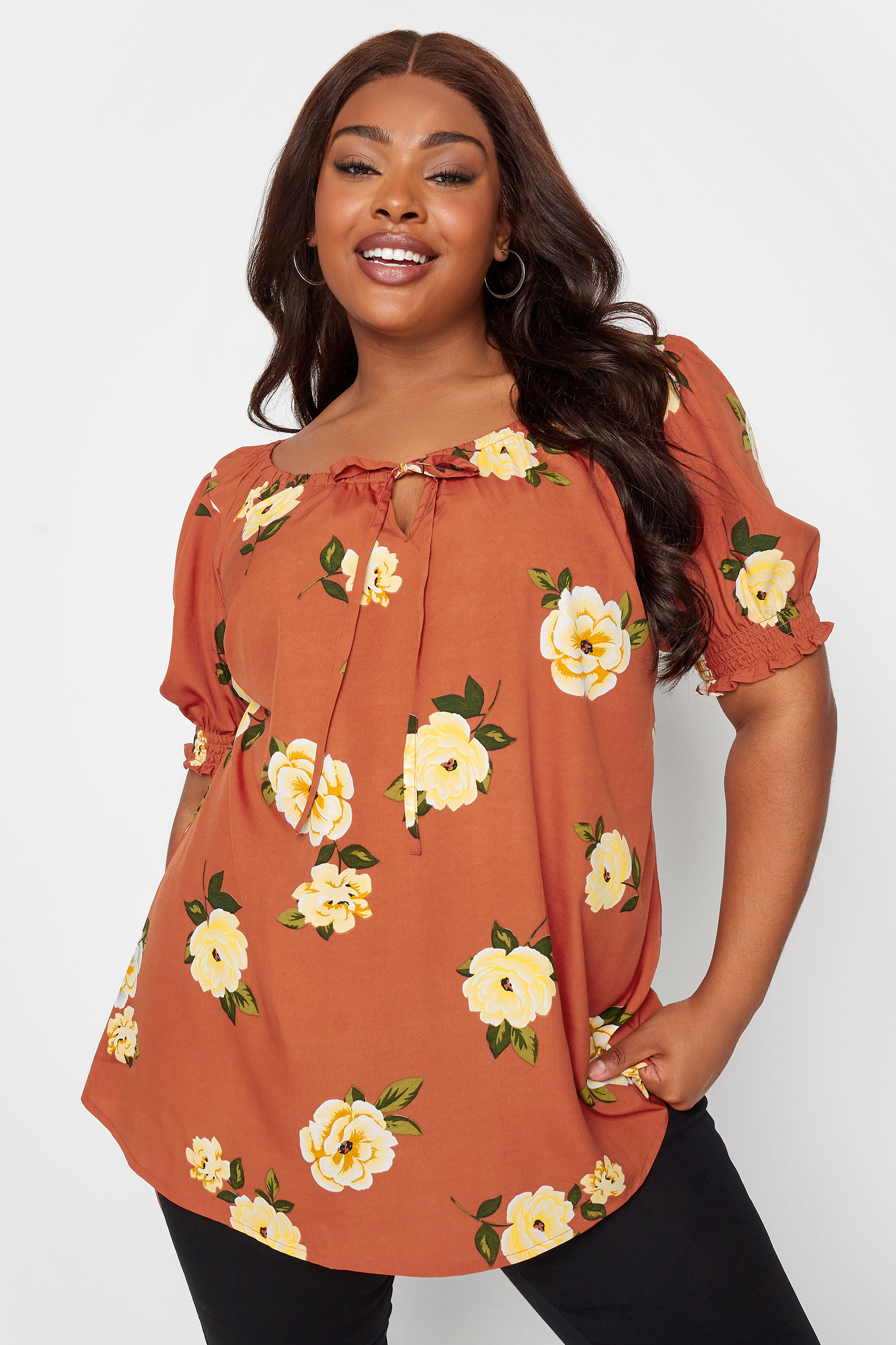 YOURS Plus Size Rust Orange Floral Print Puff Sleeve Gypsy Top | Yours Clothing 1