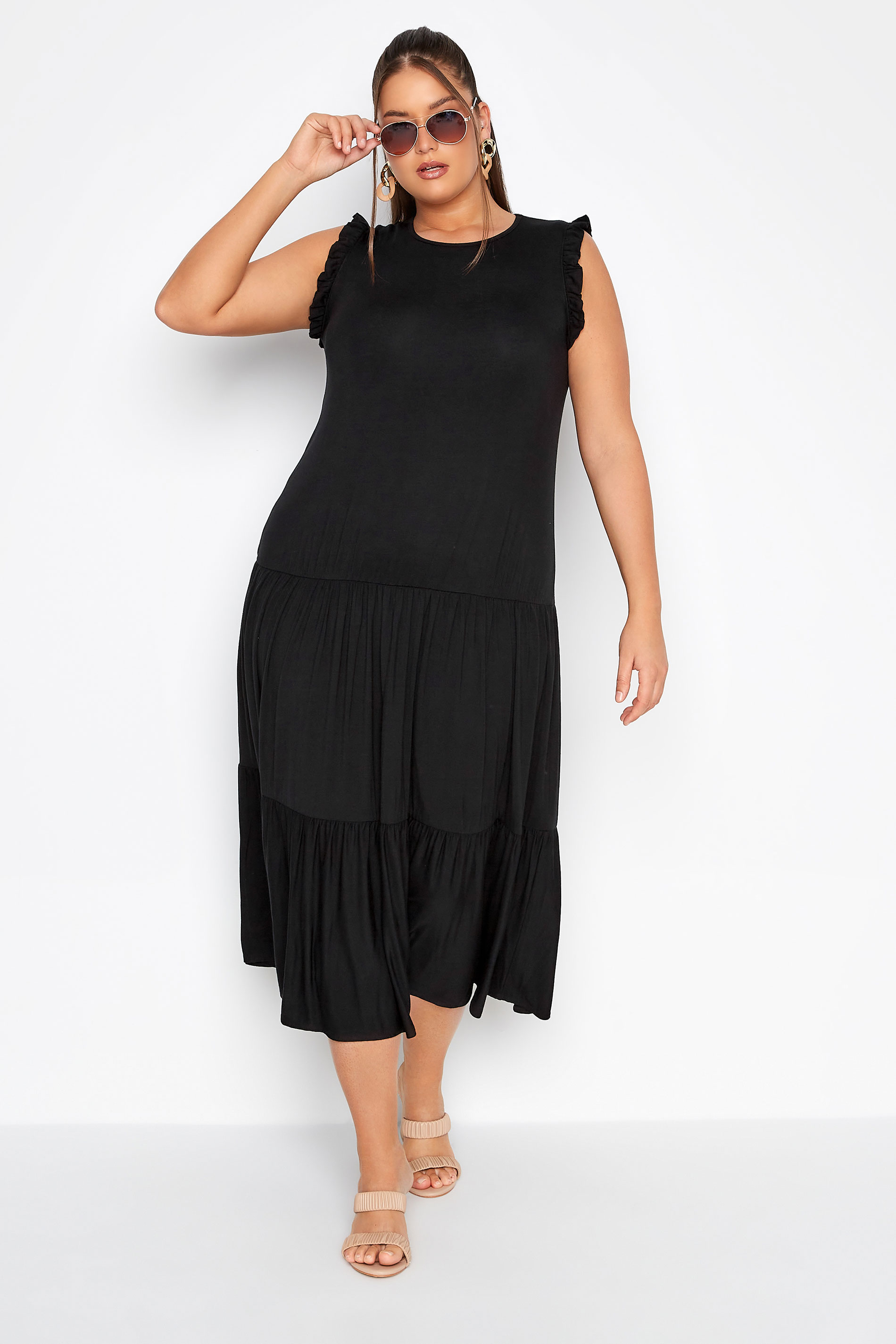 LIMITED COLLECTION Plus Size Black Frill Sleeve Smock Maxi Dress | Yours Clothing  1