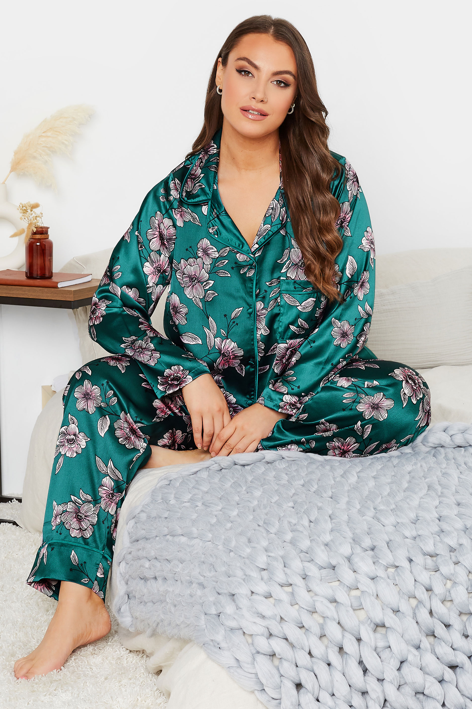 Plus Size Emerald Green Floral Print Satin Pyjama Set | Yours Clothing 1