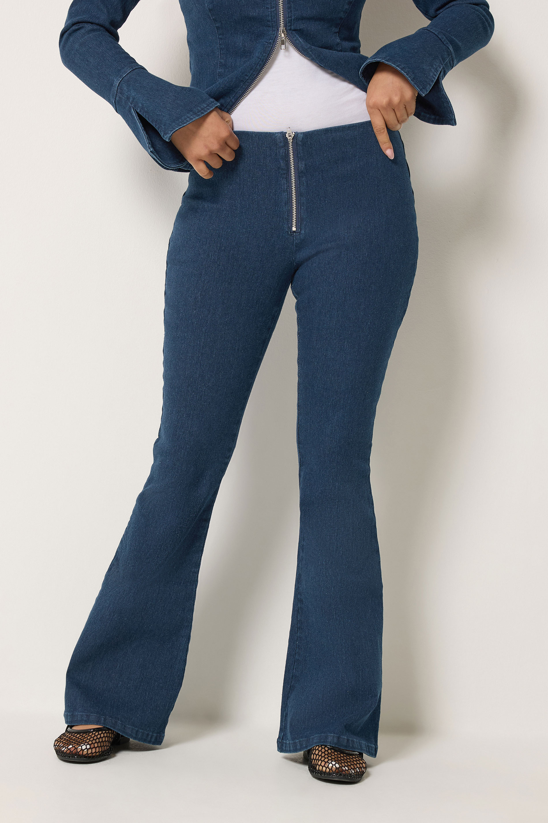 PixieGirl Petite Women's Indigo Blue Zip Front Kick Flare Jeans | PixieGirl  1