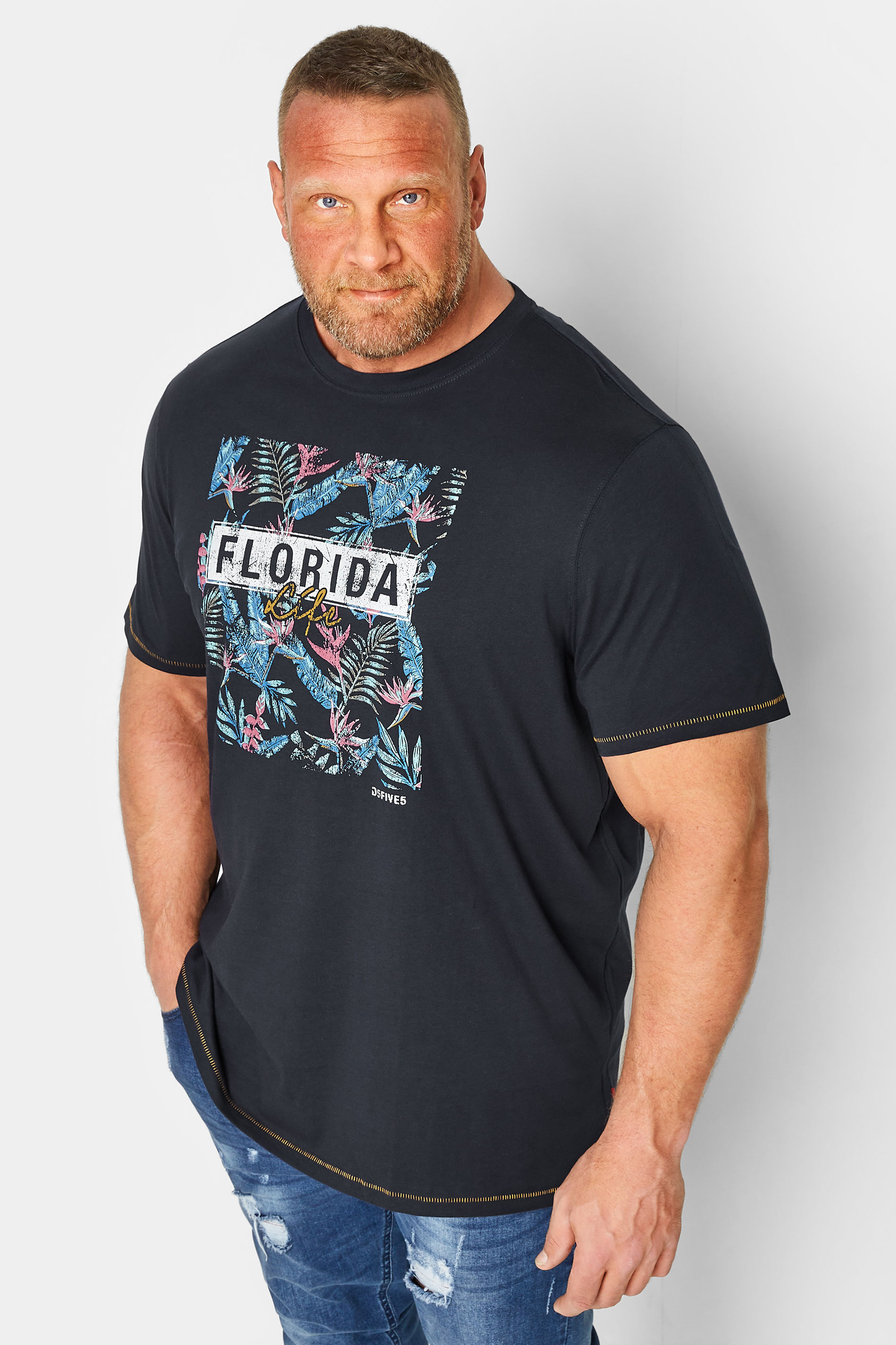 D555 Big & Tall Navy Blue Florida Floral Print T-Shirt | BadRhino 1