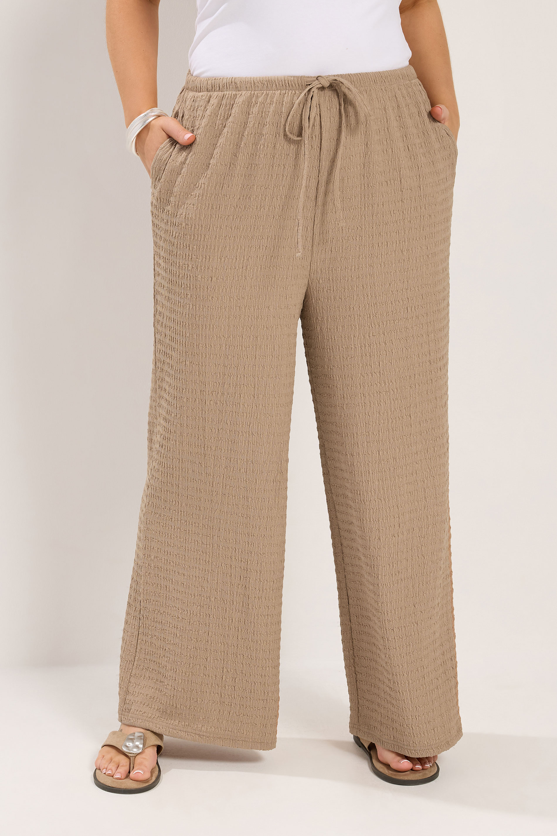 YOURS Plus Size Natural Brown Wide Leg Crinkle Trousers | Yours Clothing 3