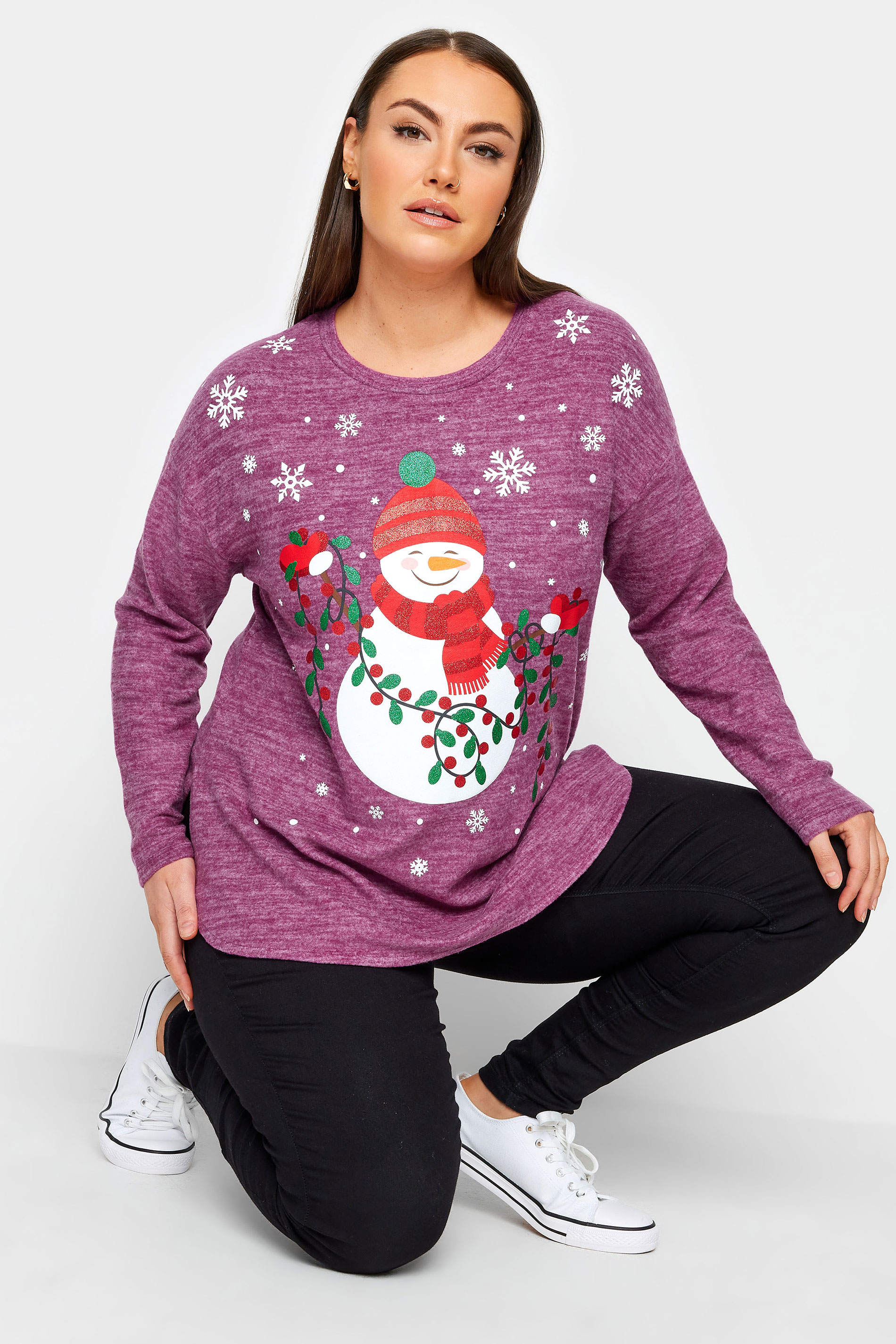 YOURS Plus Size Purple Snowman Print Soft Touch Christmas Jumper | Yours Clothing 1