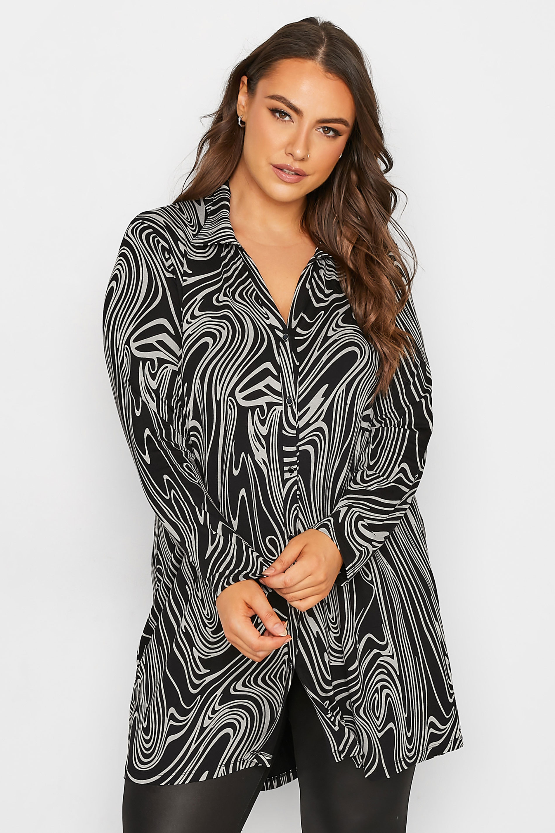 Plus Size Black Marble Print Button Through Shirt | Yours Clothing 1