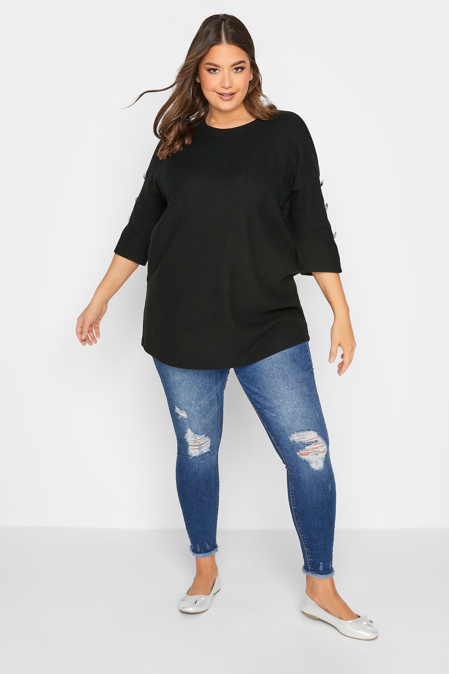 YOURS Plus Size Black Soft Touch Button Detail Top | Yours Clothing 3