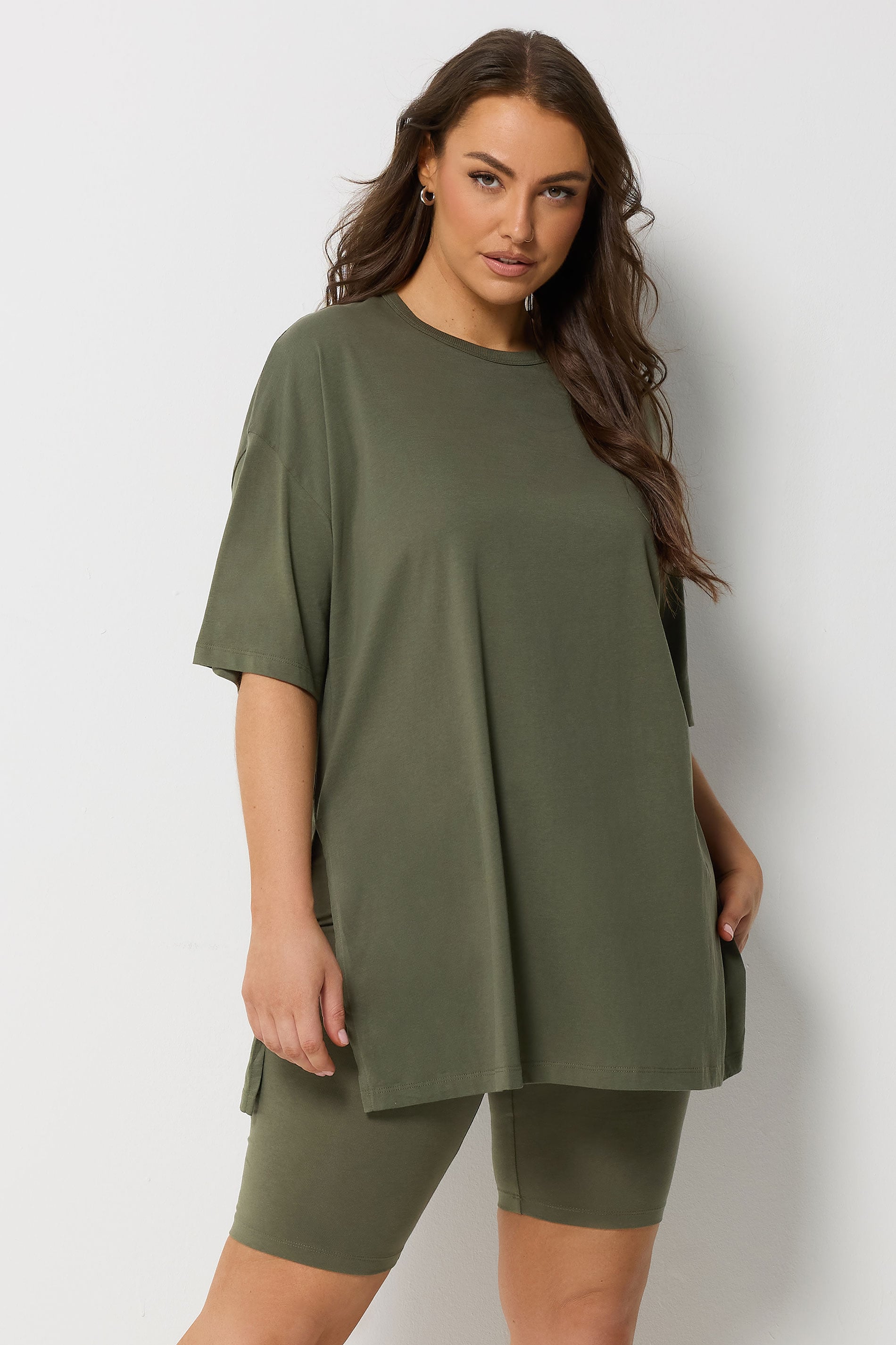 YOURS Plus Size Khaki Green Side Split Longline T-Shirt | Yours Clothing 1