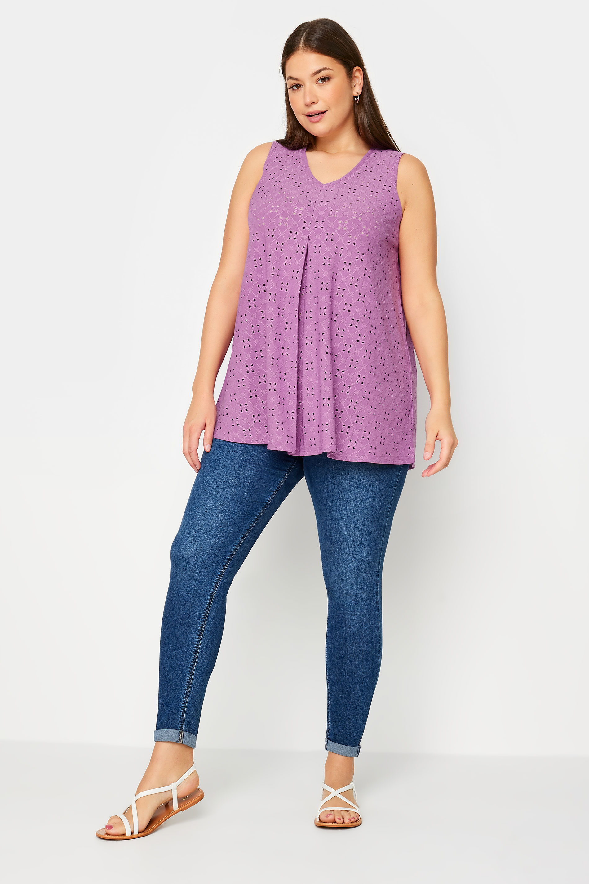 YOURS Plus Size Purple Broderie Anglaise Swing Vest Top | Yours Clothing 3