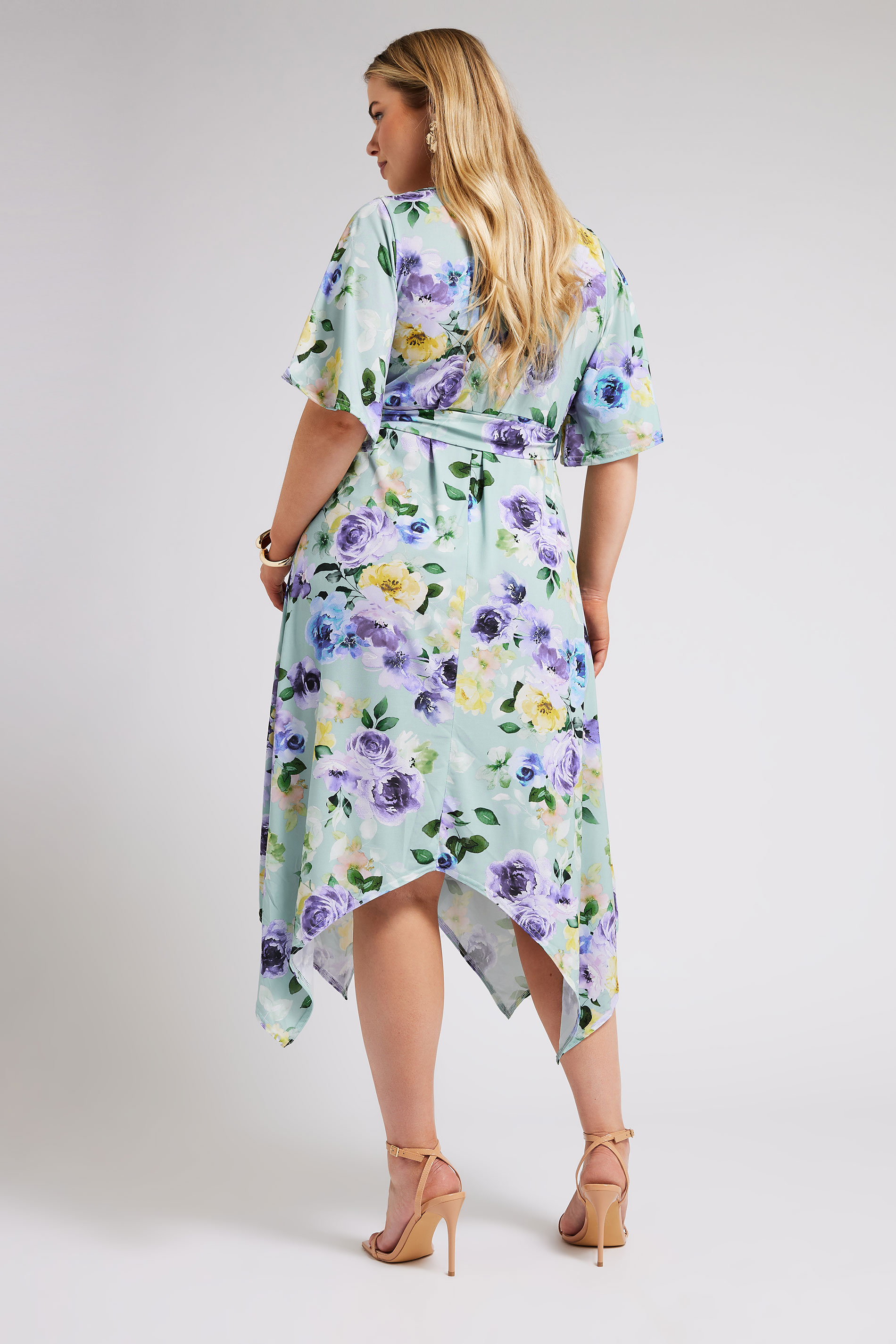 YOURS LONDON Plus Size Sage Green Floral Print Hanky Hem Wrap Dress | Yours Clothing 3