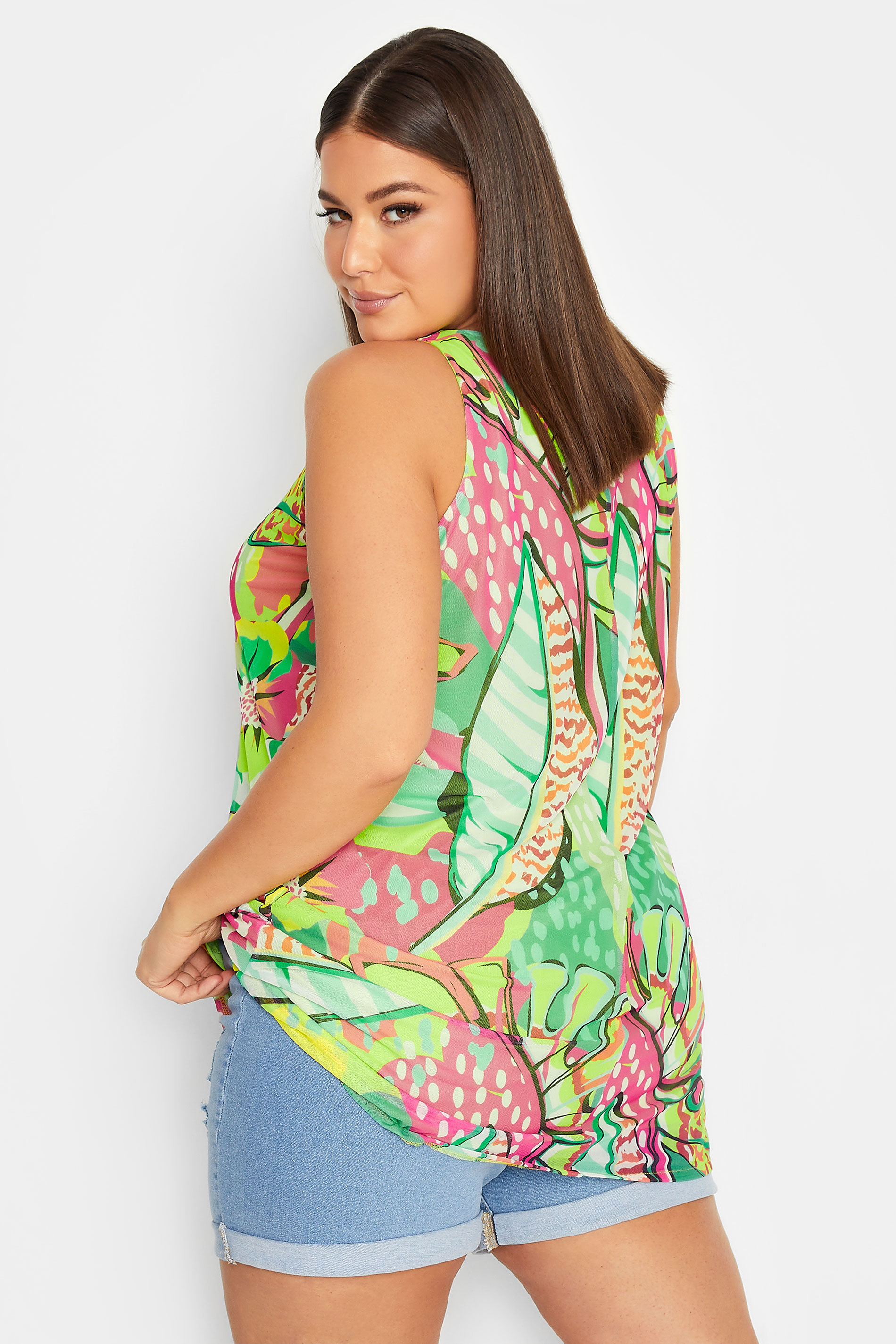 Plus Size Green Floral Print Mesh Double Layer Vest Top | Yours Clothing 3
