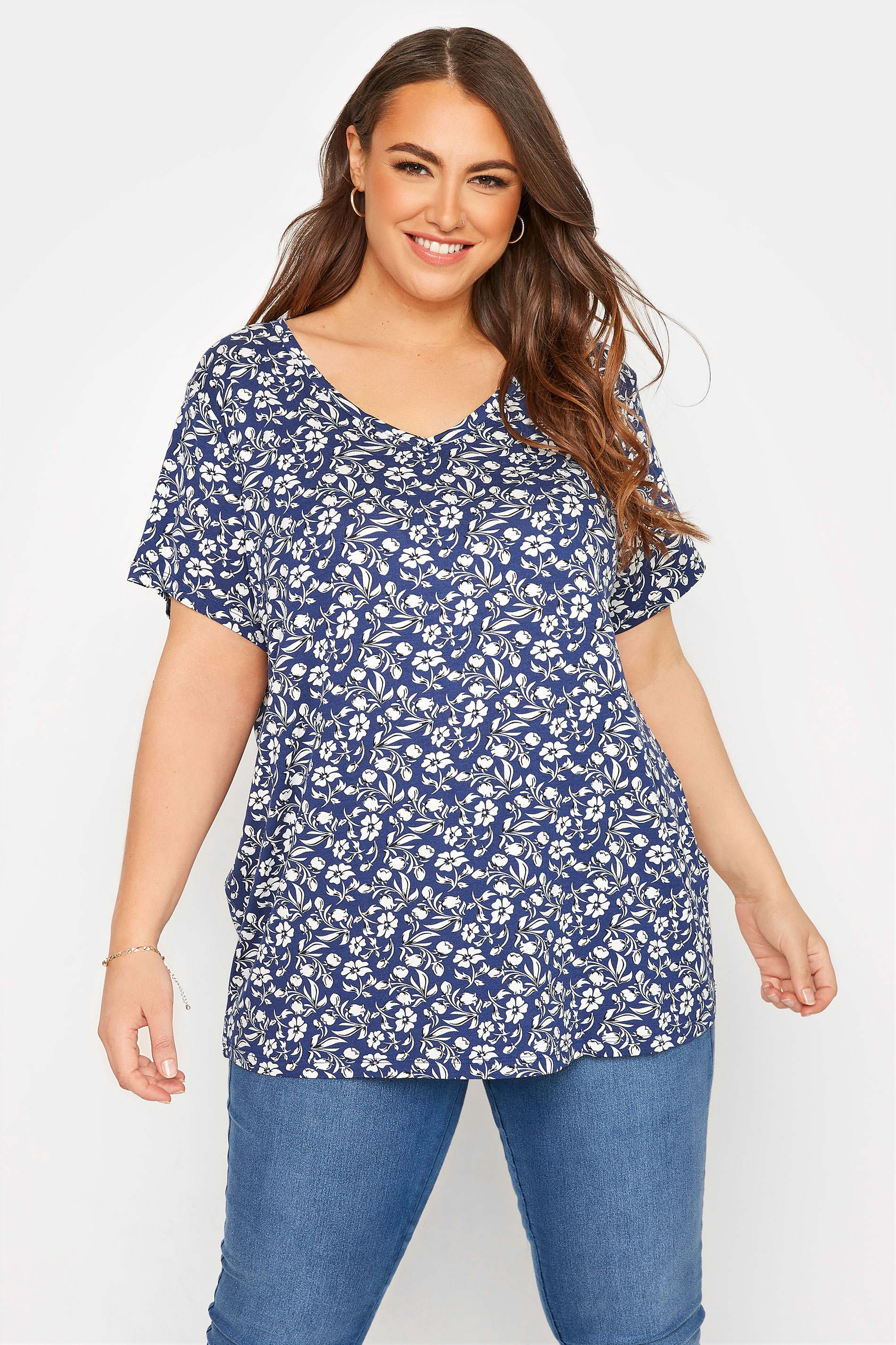 Grande taille  Tops Grande taille  Tops Casual | T-Shirt Bleu Design Floral Découpé au Dos - QK70901