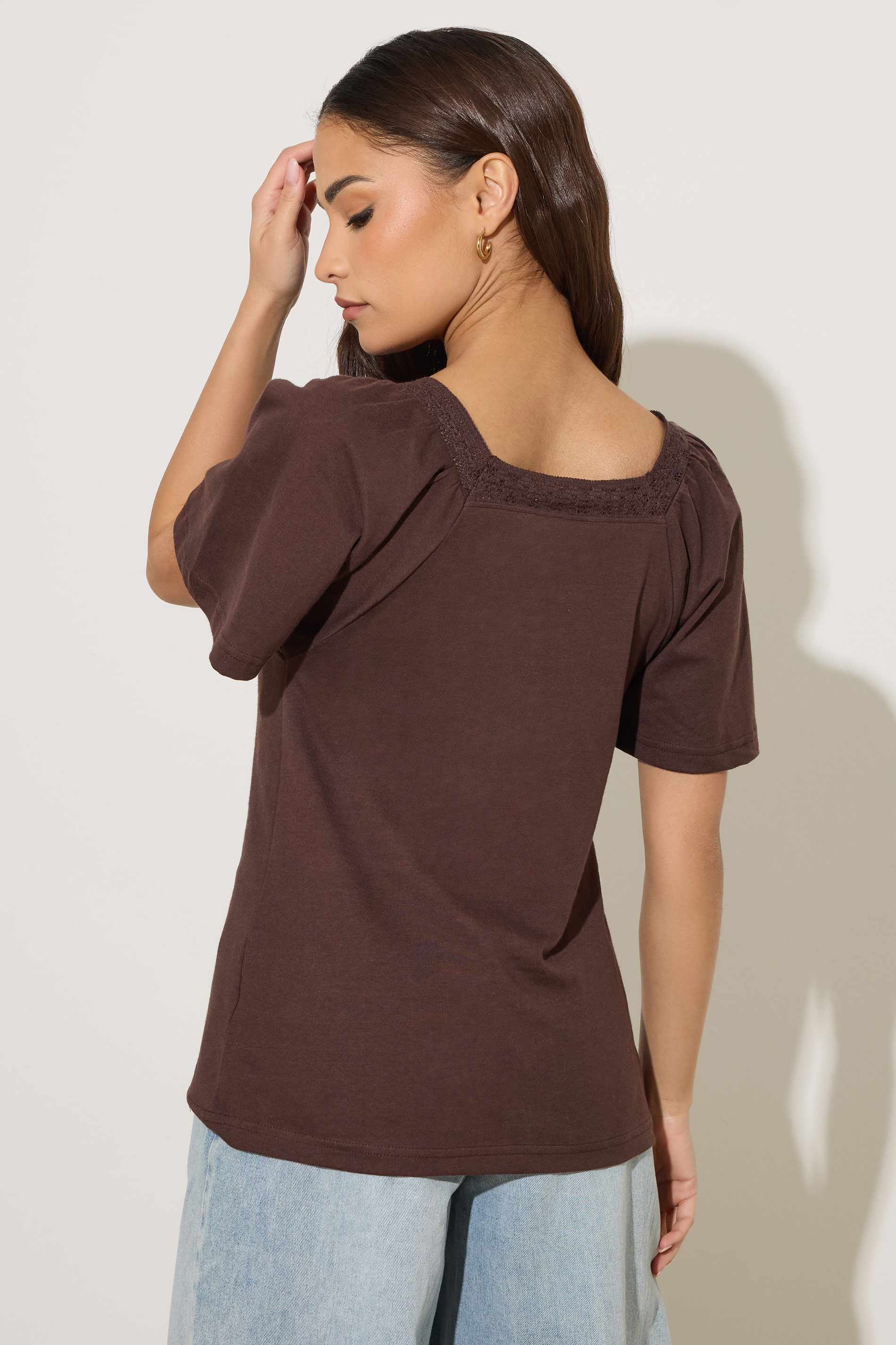 PixieGirl Petite Women's Chocolate Brown Crochet Trim Flutter Sleeve Cotton T-Shirt | PixieGirl 2
