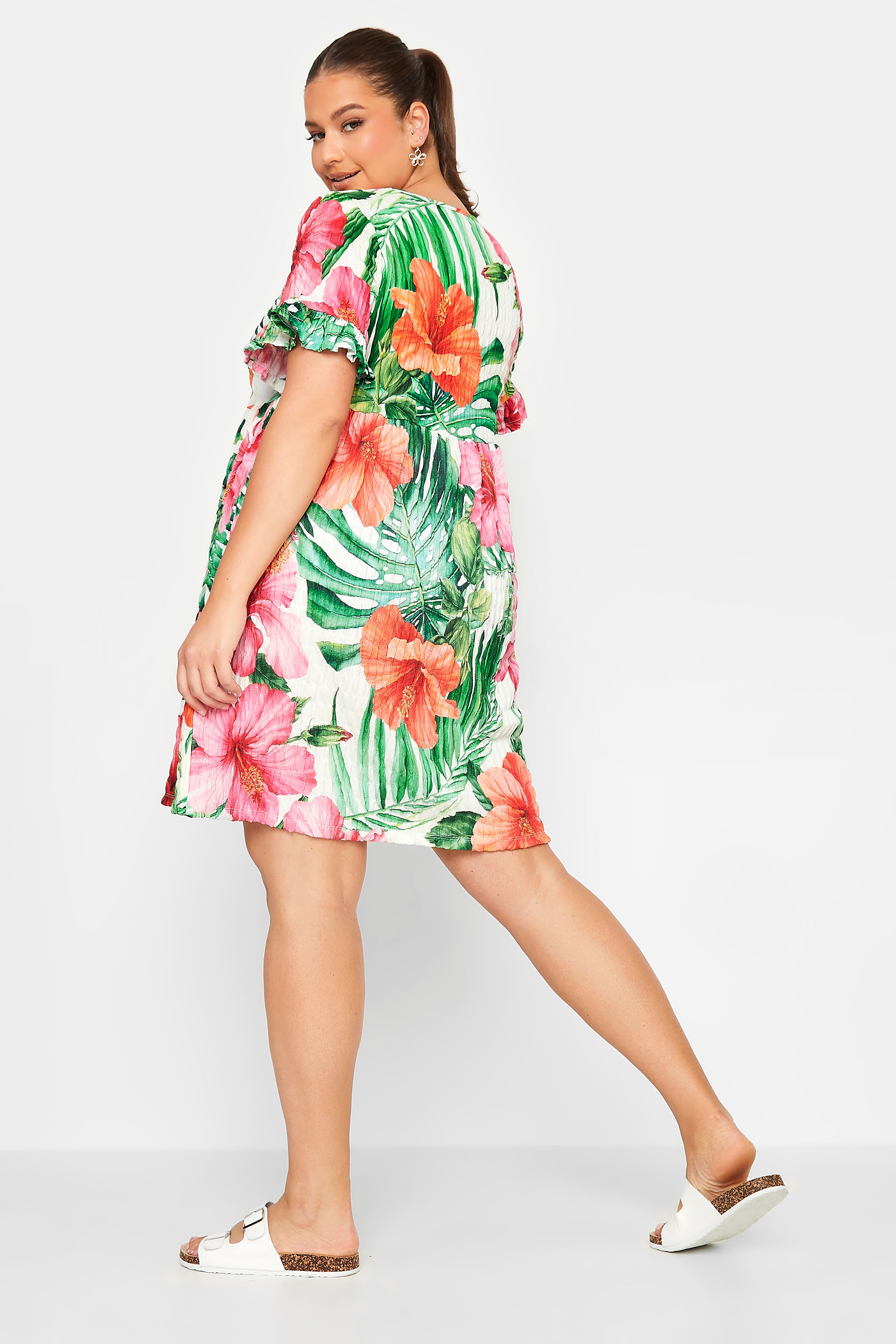YOURS Curve Plus Size Green & Peach Tropical Floral Print Smock Tunic Dress