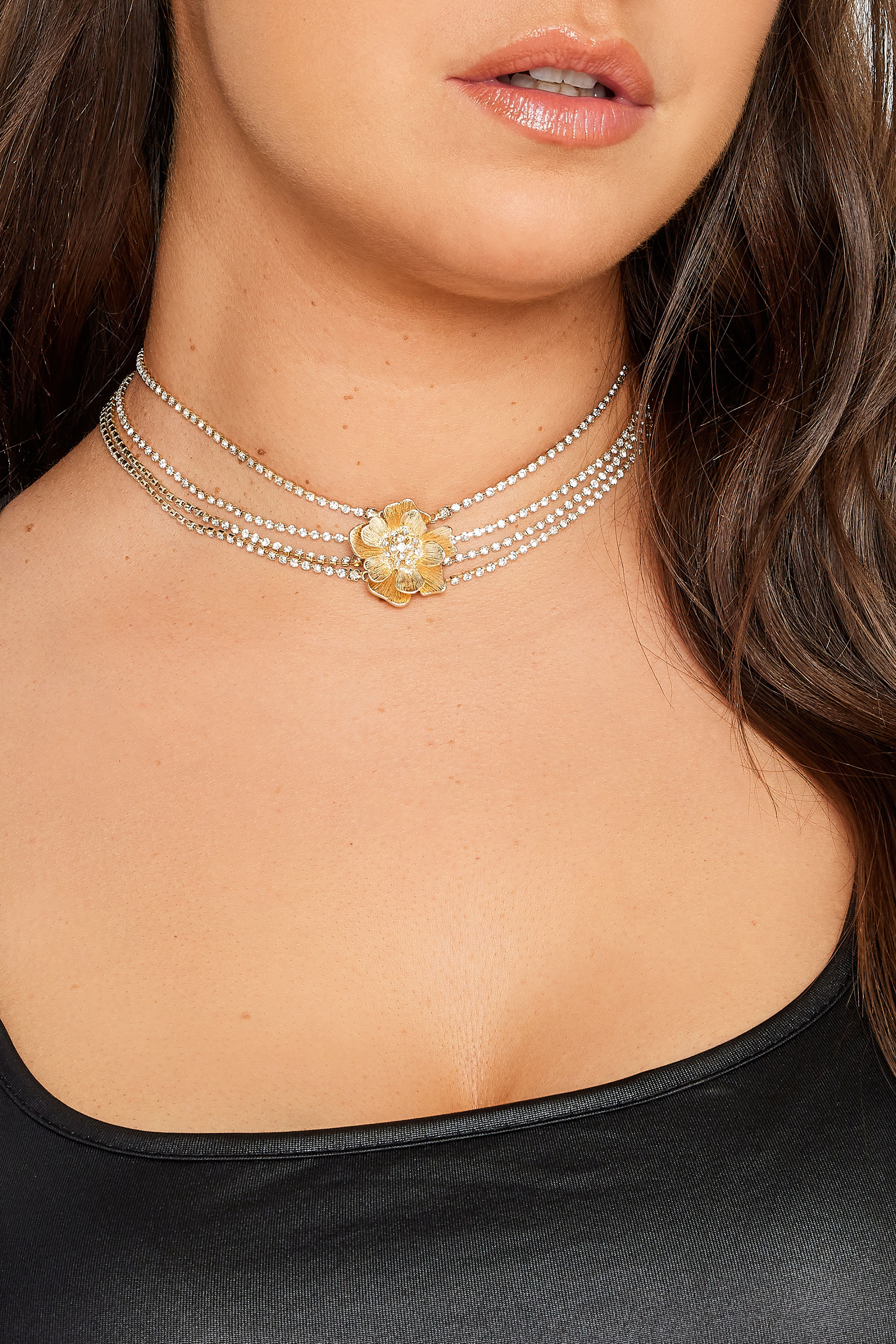 Gold Tone Layered Diamante Flower Choker Necklace | Yours Clothing 1
