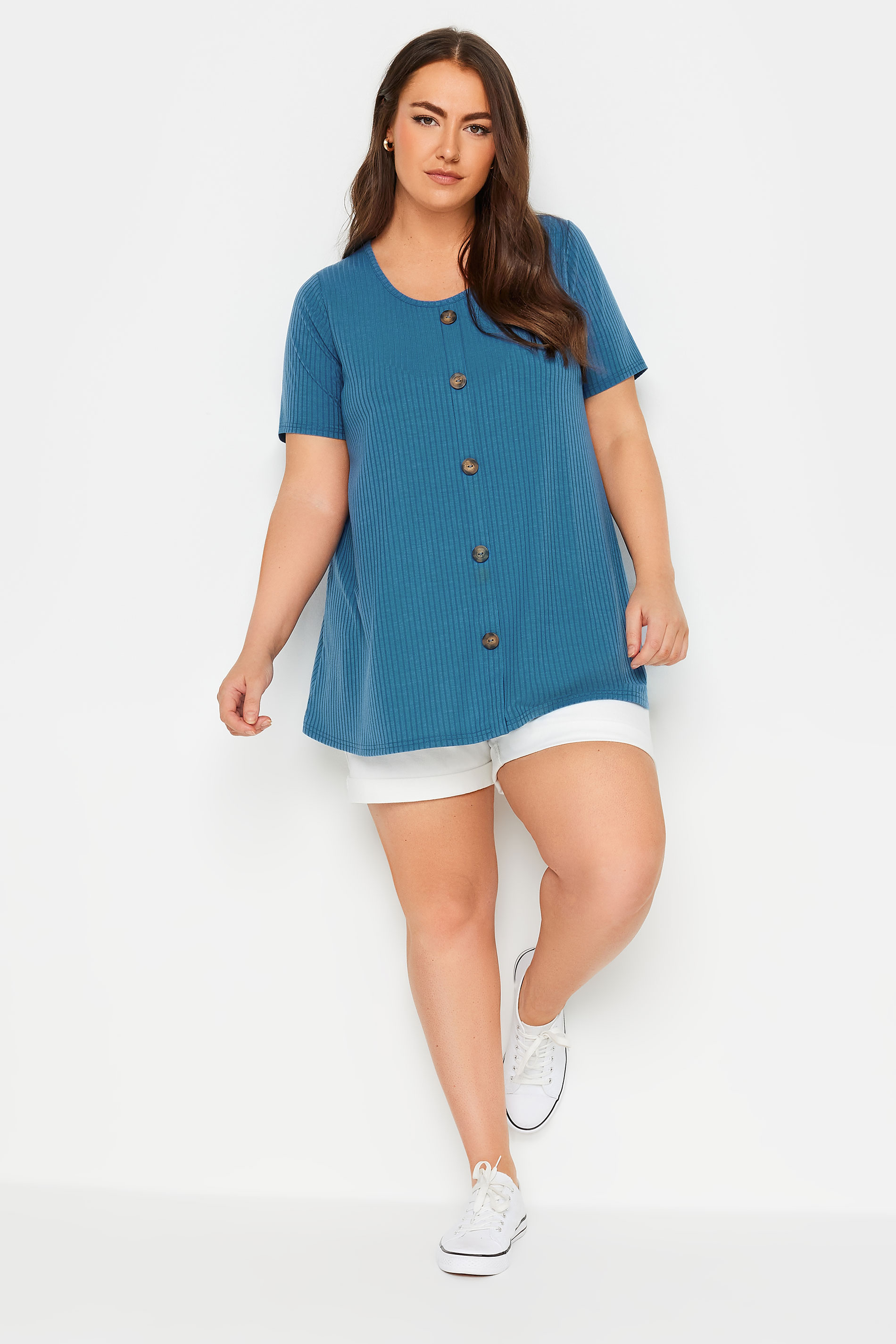 YOURS Plus Size Blue Button Front Ribbed Swing Top | Yours Clothing 2
