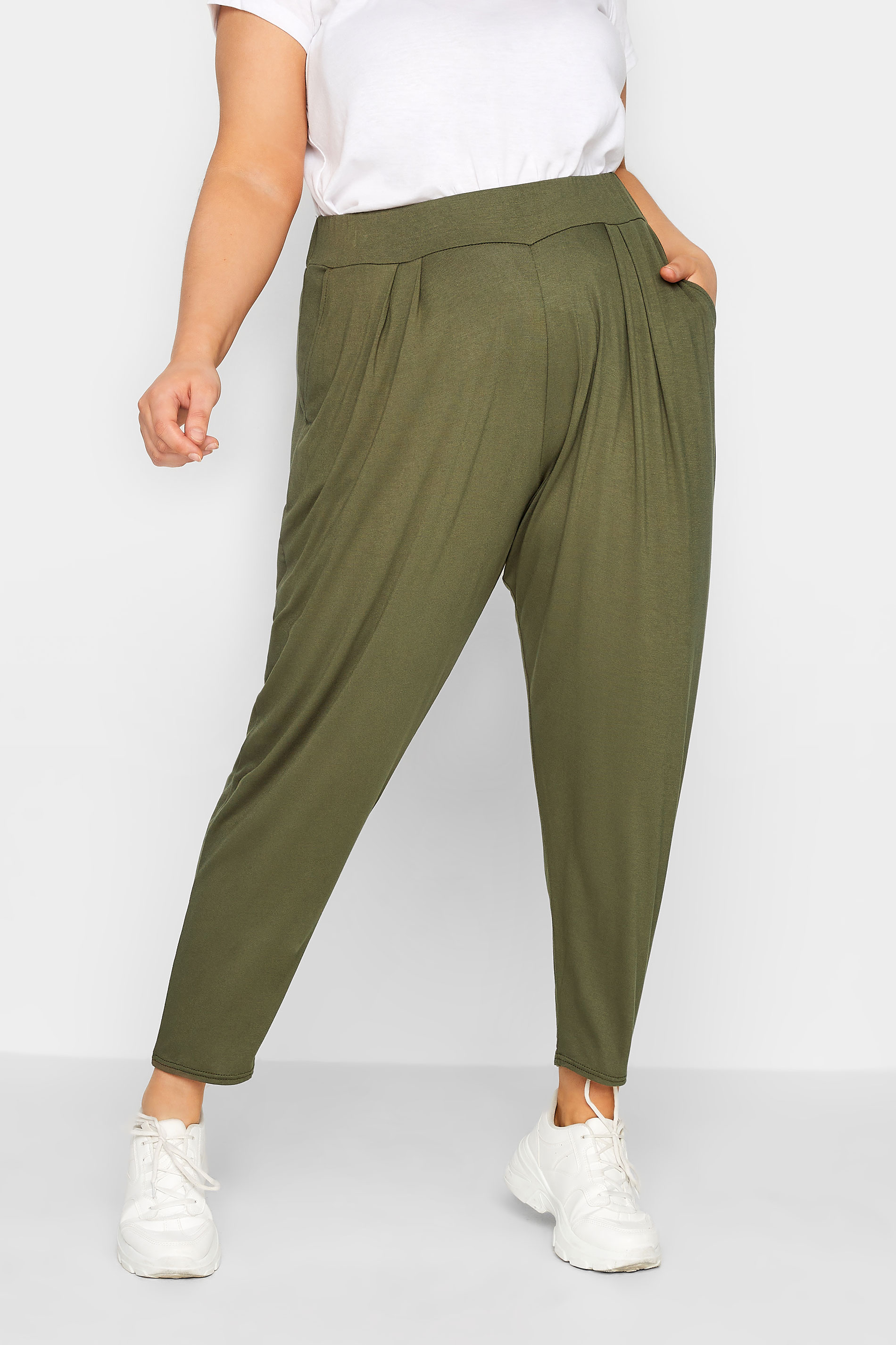 YOURS Plus Size Khaki Green Double Pleat Harem Trousers | Yours Clothing 1