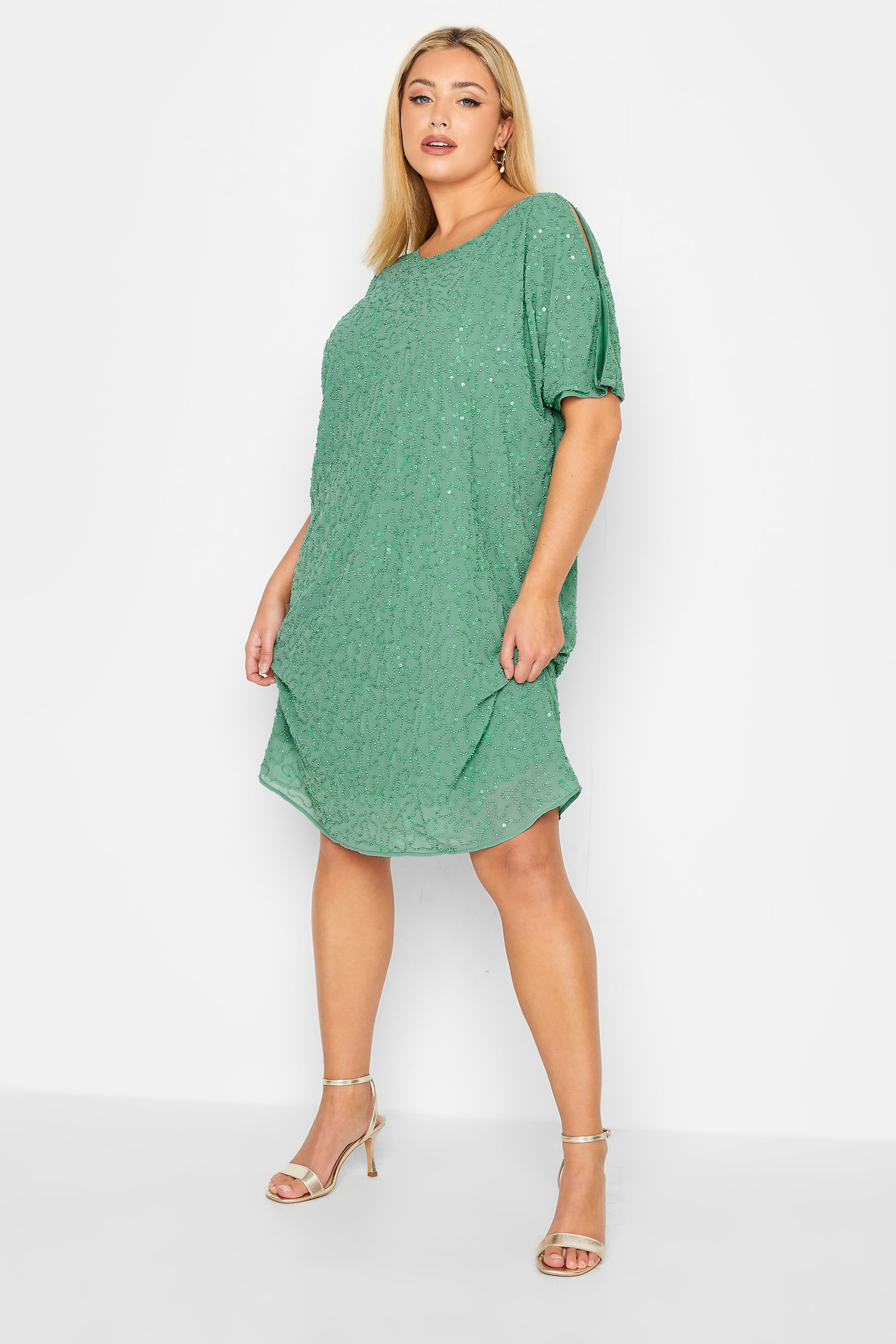 LUXE Plus Size Green Sequin Hand Embellished Cape Dress | Yours Clothing 2