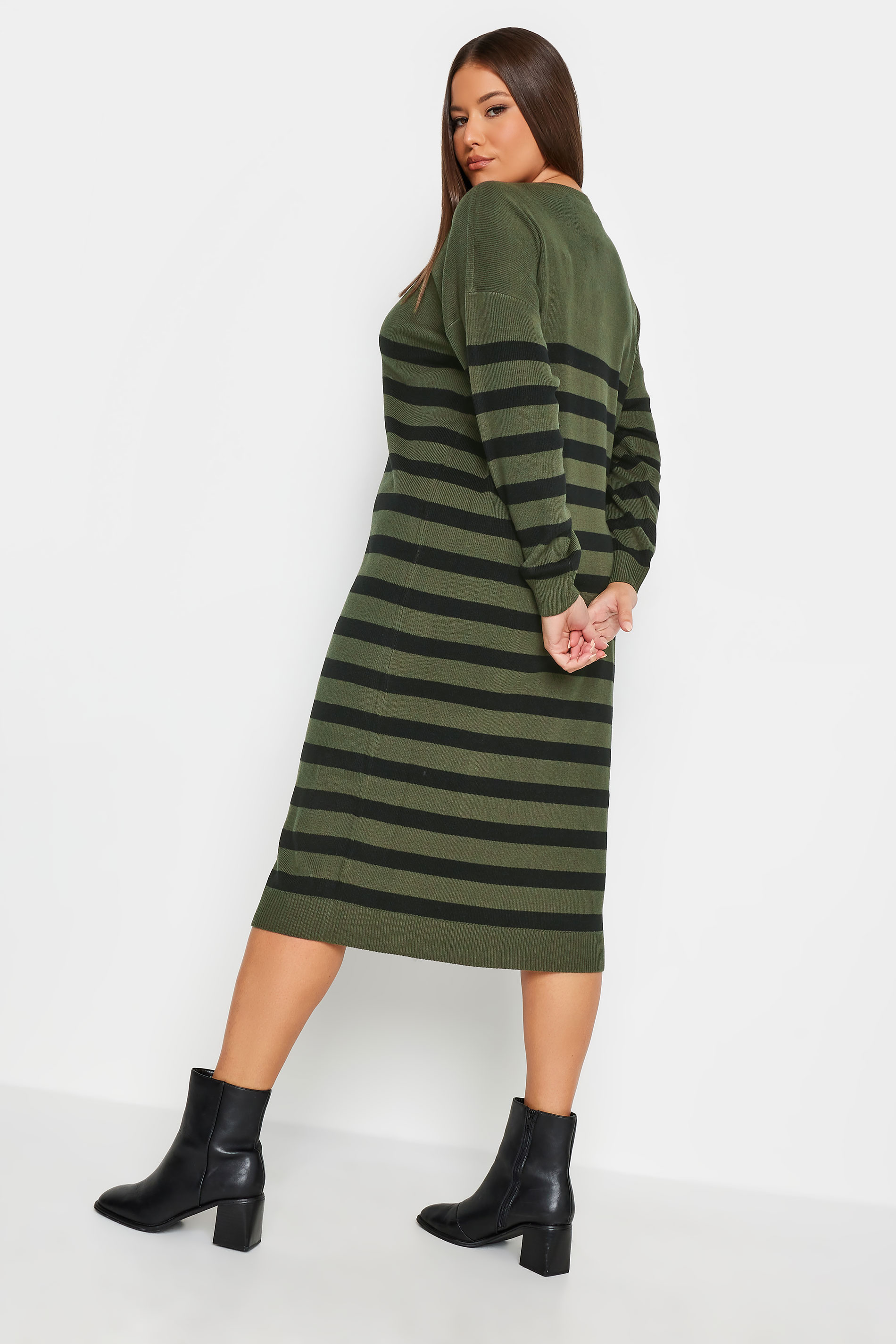 YOURS Plus Size Khaki Green Stripe Knitted Jumper Dress | Yours Clothing 3