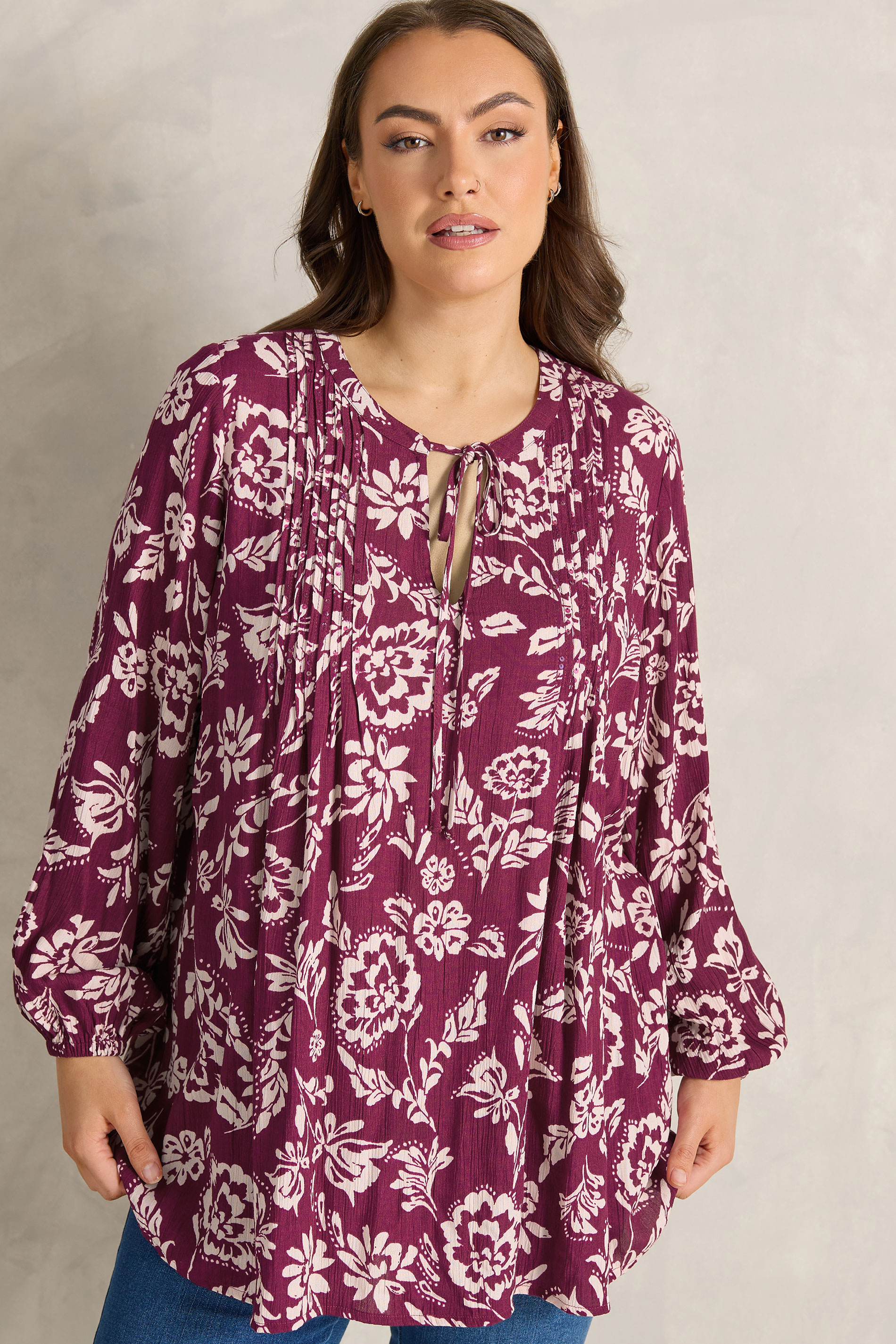 EVANS Plus Size Berry Red Floral Pintuck Tie Neck Blouse | Evans 3