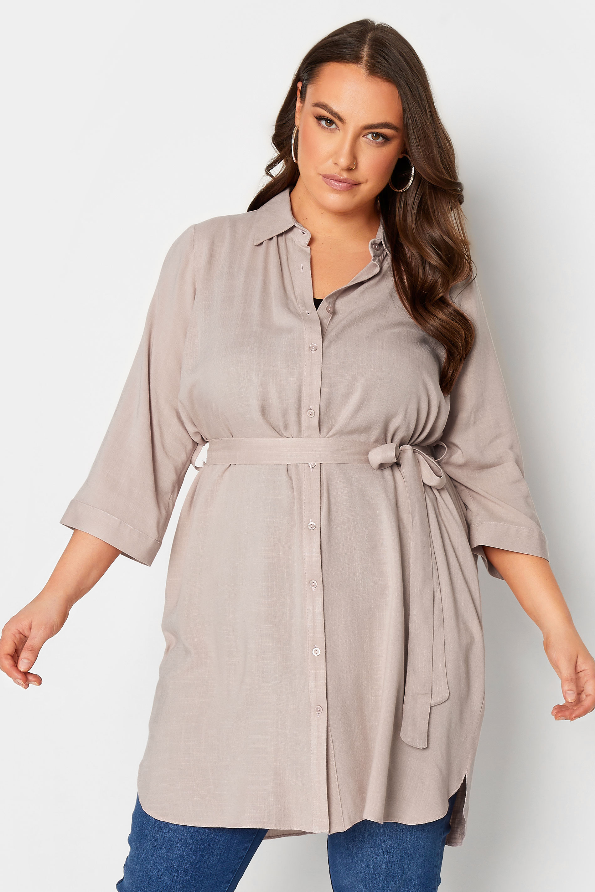 YOURS Plus Size Light Pink Tie Waist Tunic Shirt | Yours Clothing 1