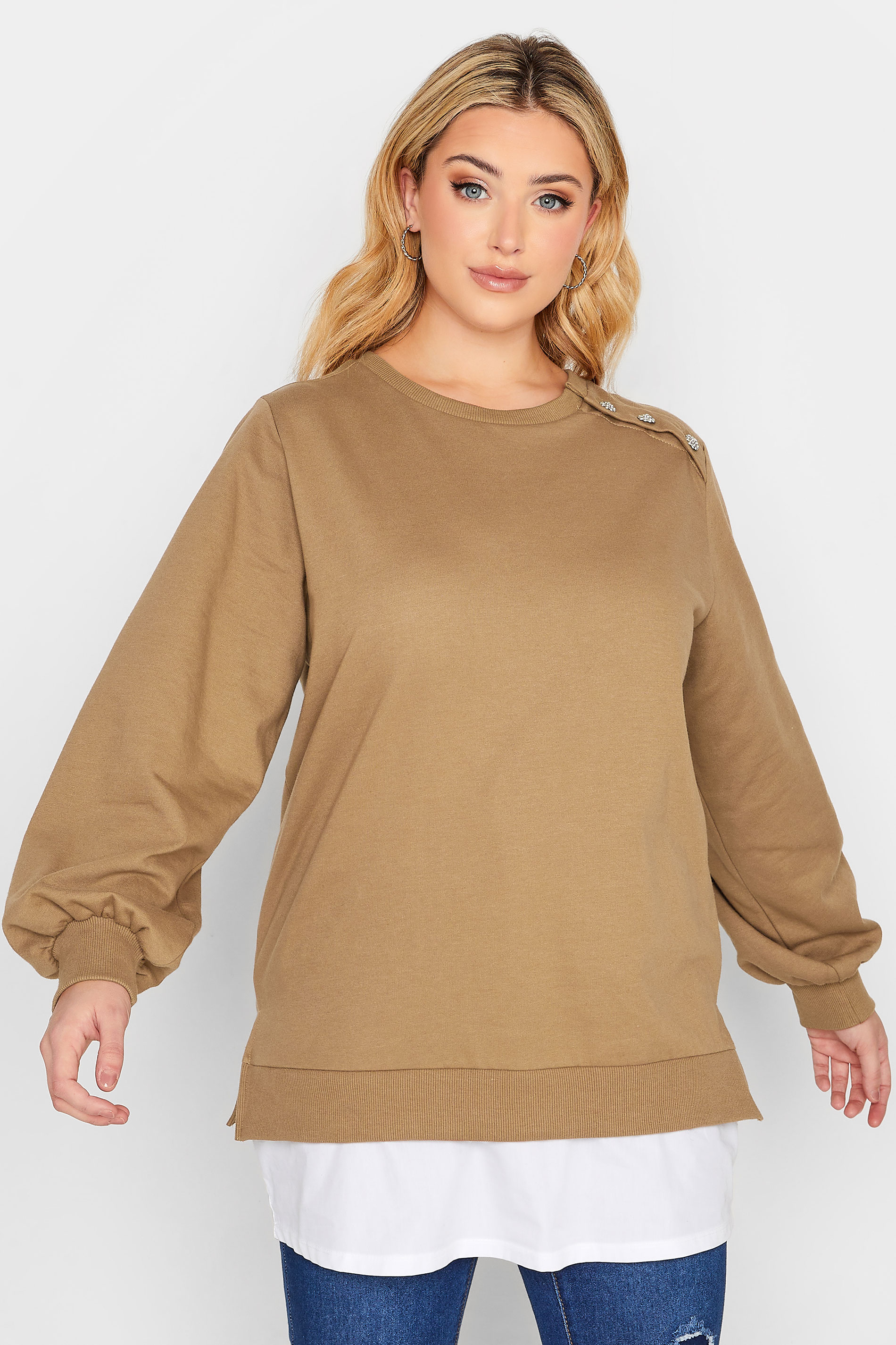 Curve Plus Size Brown Button Long Sleeve Sweatshirt | Yours Clothing  1