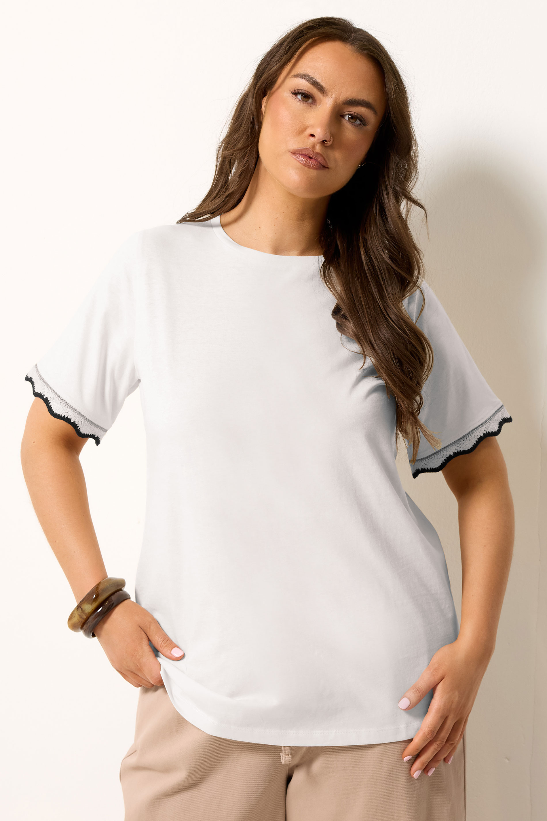 YOURS Plus Size White Metallic Crochet Trim Short Sleeve T-Shirt | Yours Clothing 3
