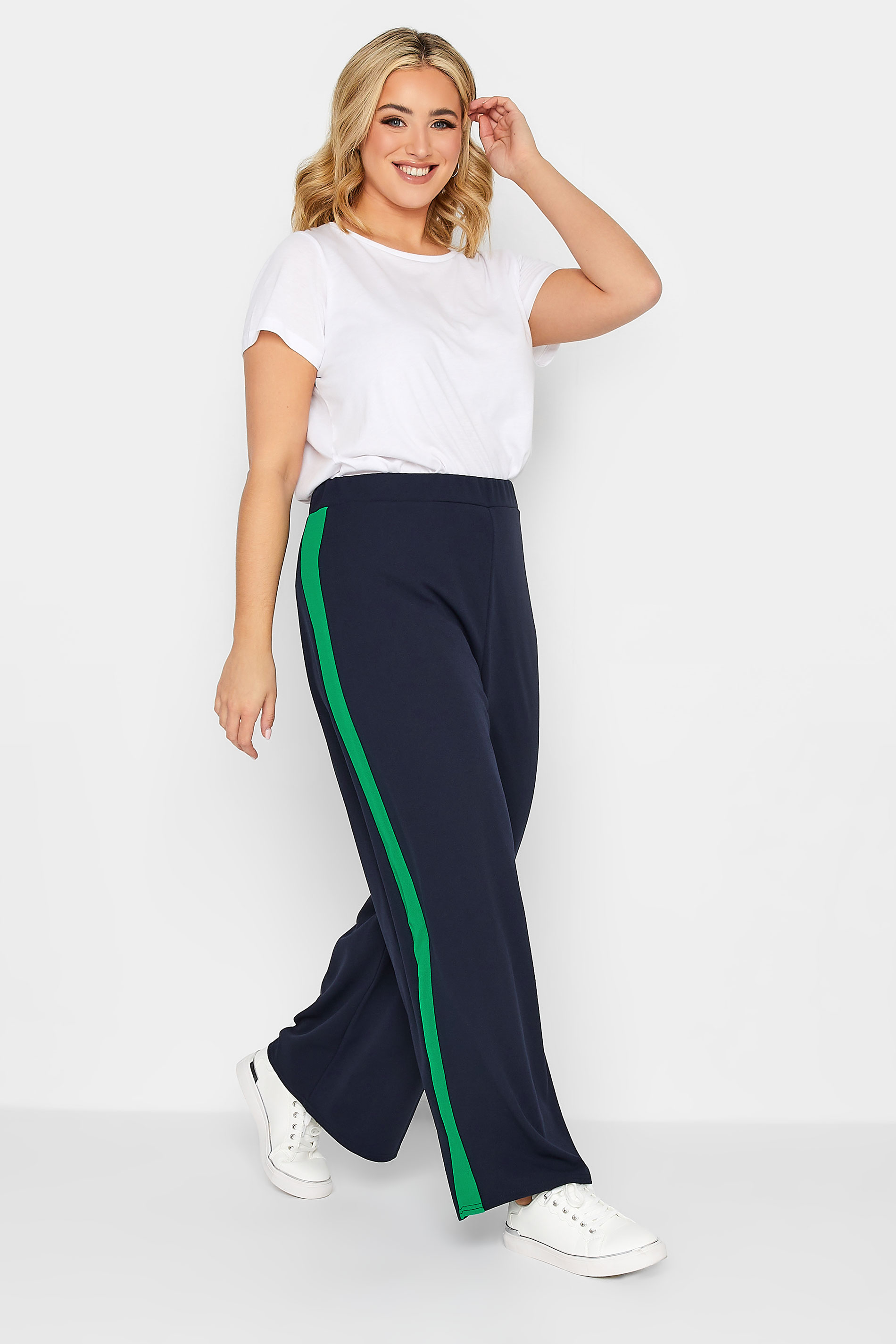 YOURS PETITE Curve Plus Size Navy Blue & Green Stripe Wide Leg Trousers | Yours Clothing  2
