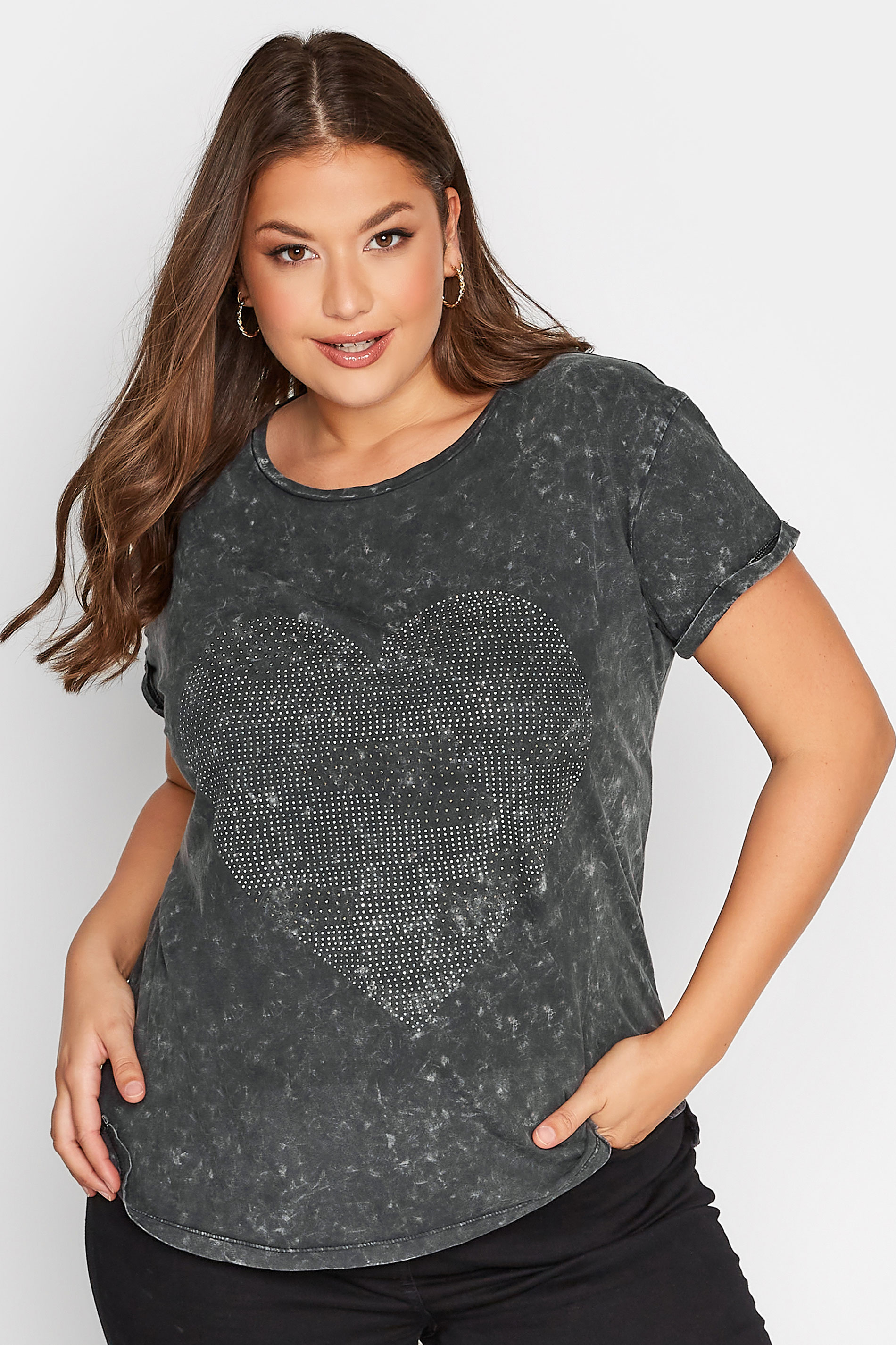 Plus Size Grey Acid Wash Embellished Heart T-Shirt | Yours Clothing 1