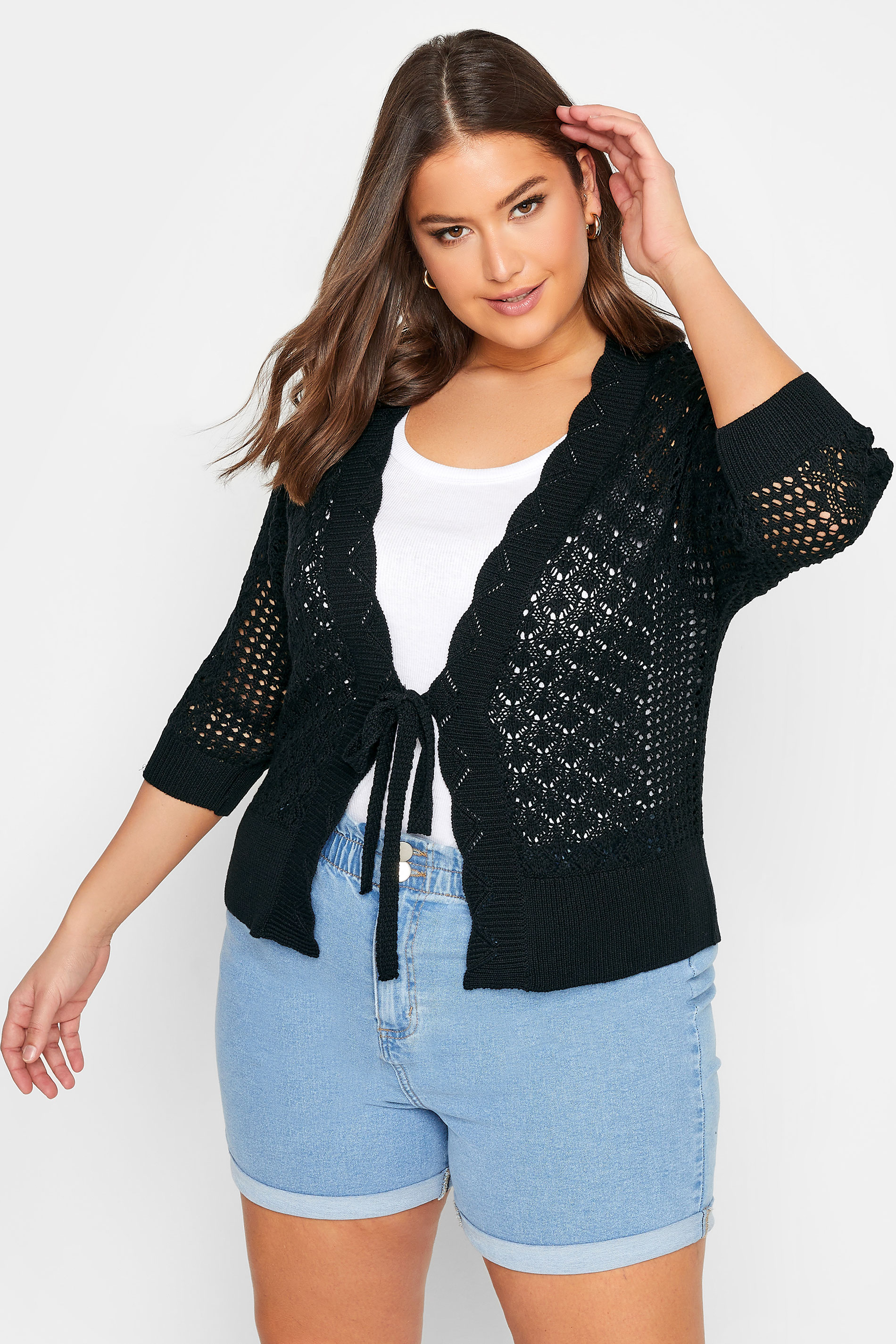 YOURS Plus Size Black Pointelle Tie Up Shrug | Yours Clothing 2