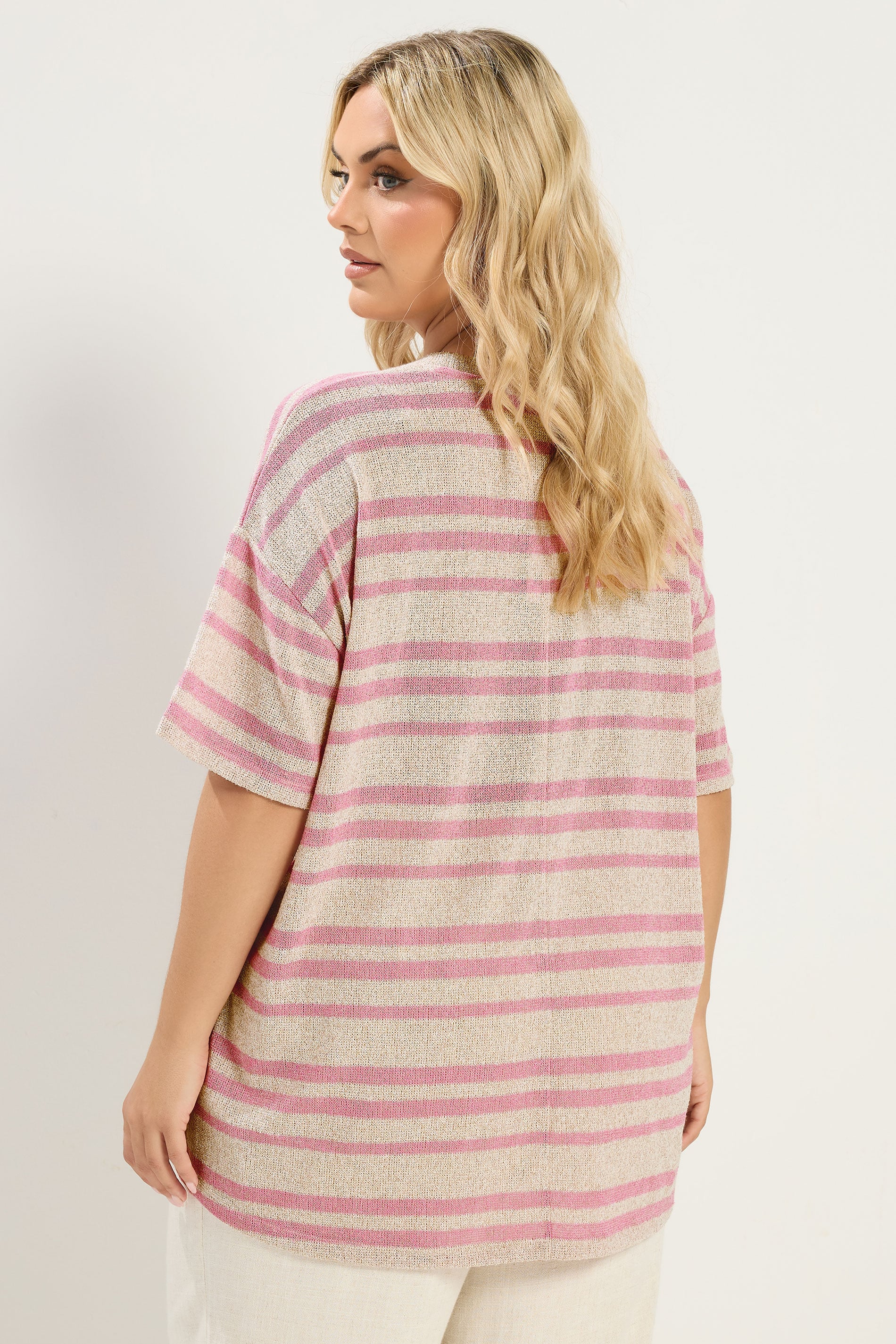 YOURS Plus Size Women's Pink Striped Knitted Boxy T-Shirt | Yours Clothing 2