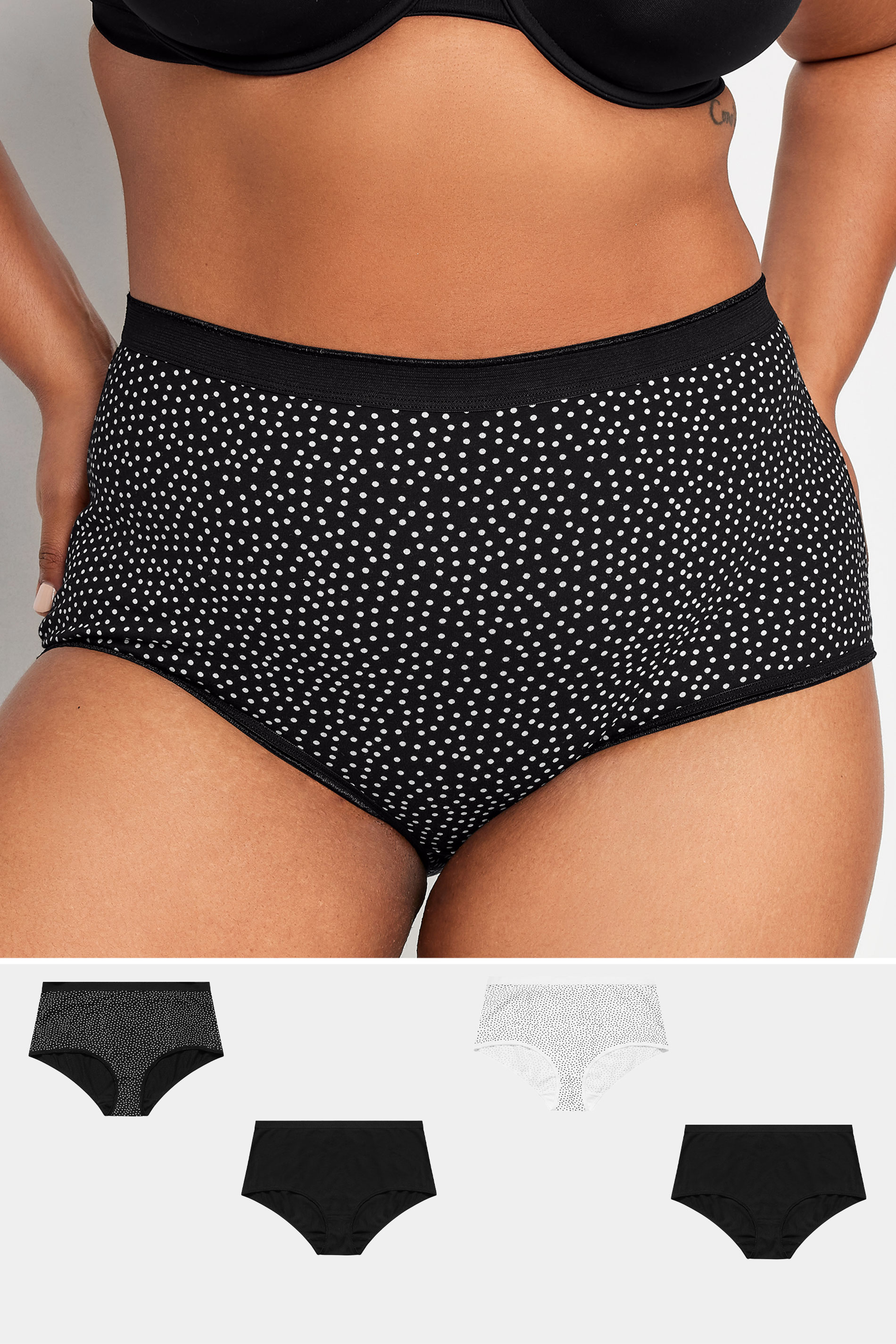 YOURS 4 PACK Plus Size Black Spot Print Cotton Stretch Full Briefs | Yours Clothing 1