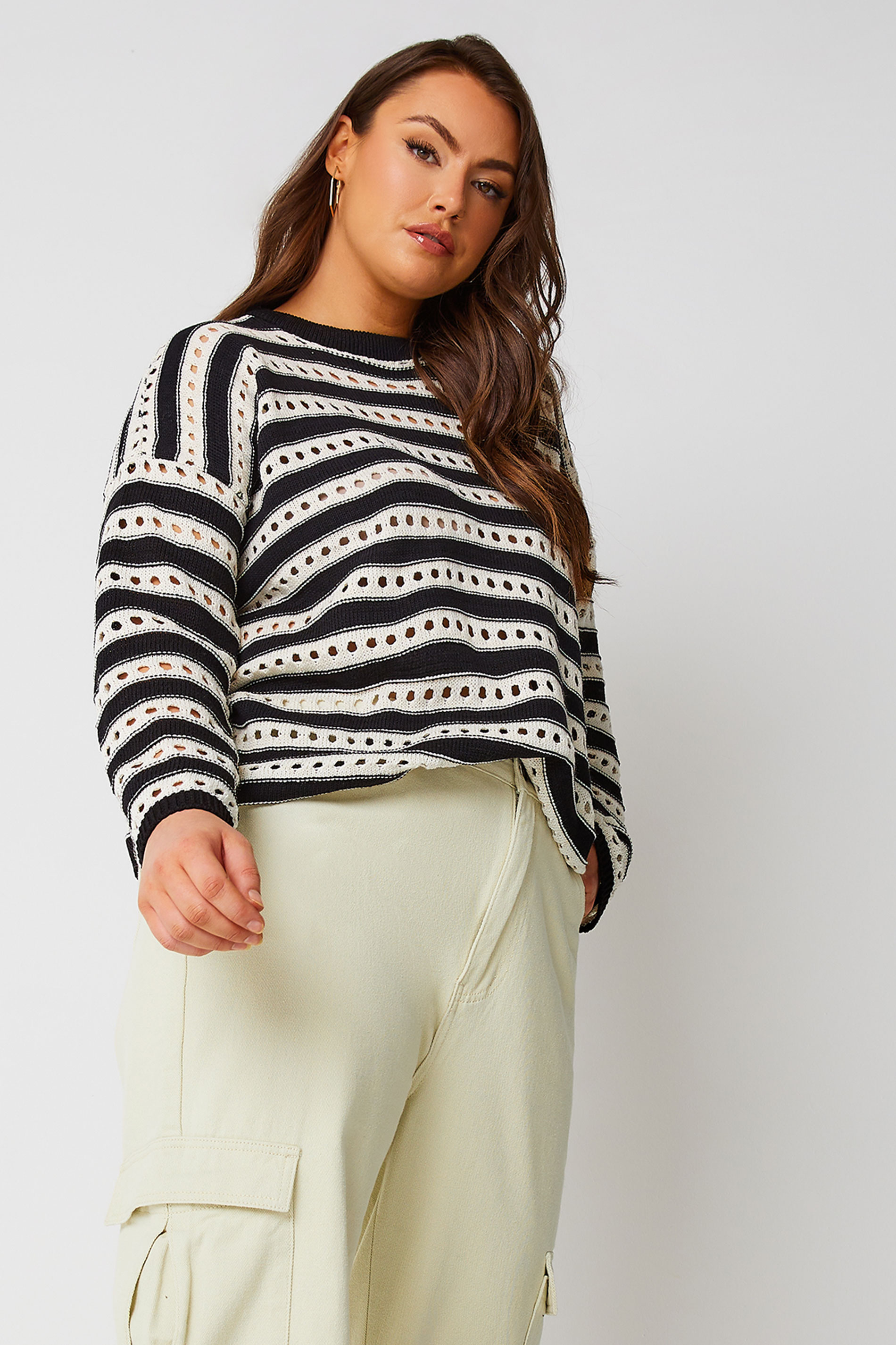 YOURS Plus Size Black & White Stripe Crochet Jumper | Yours Clothing 1