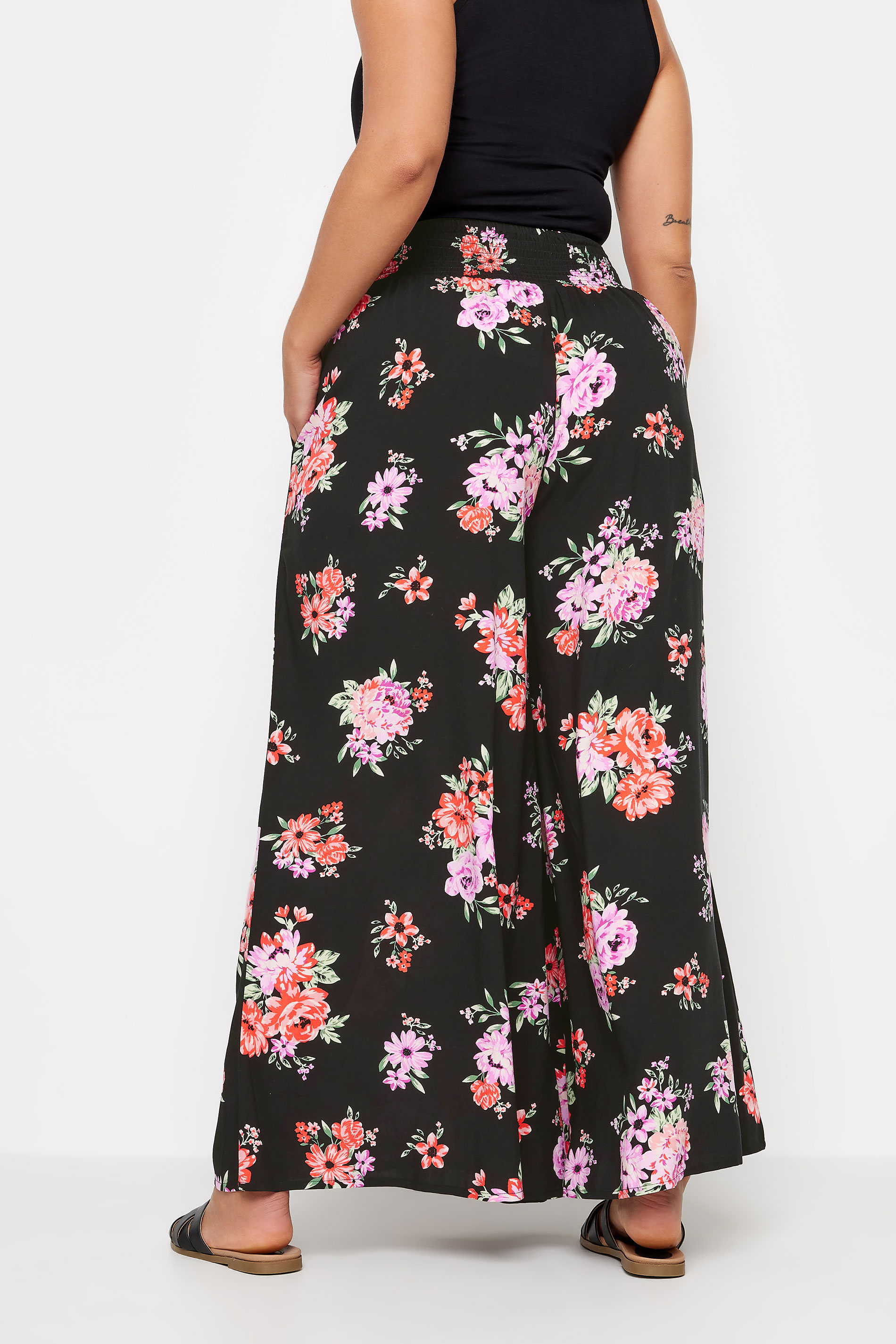 YOURS Plus Size Black Floral Bloom Print Shirred Wide Leg Trousers | Yours Clothing 3