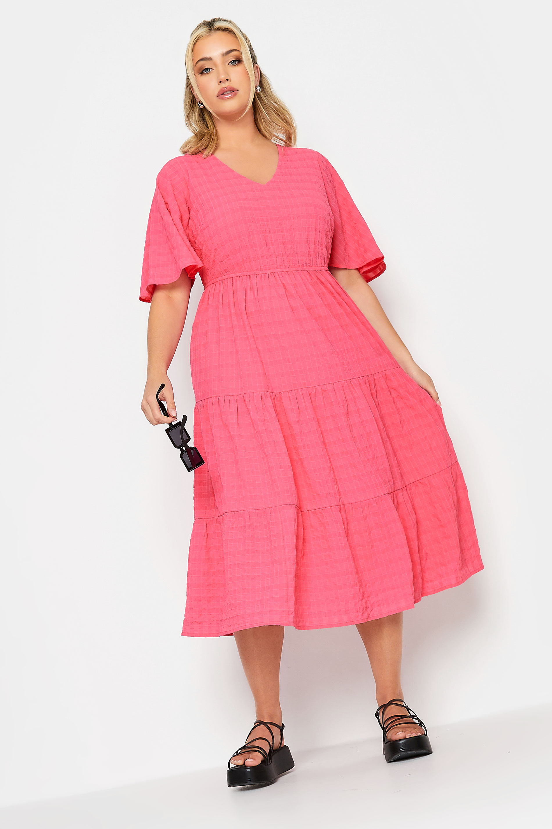LIMITED COLLECTION Curve Plus Size Hot Pink Textured Tiered Smock Dress | Yours Clothing  3