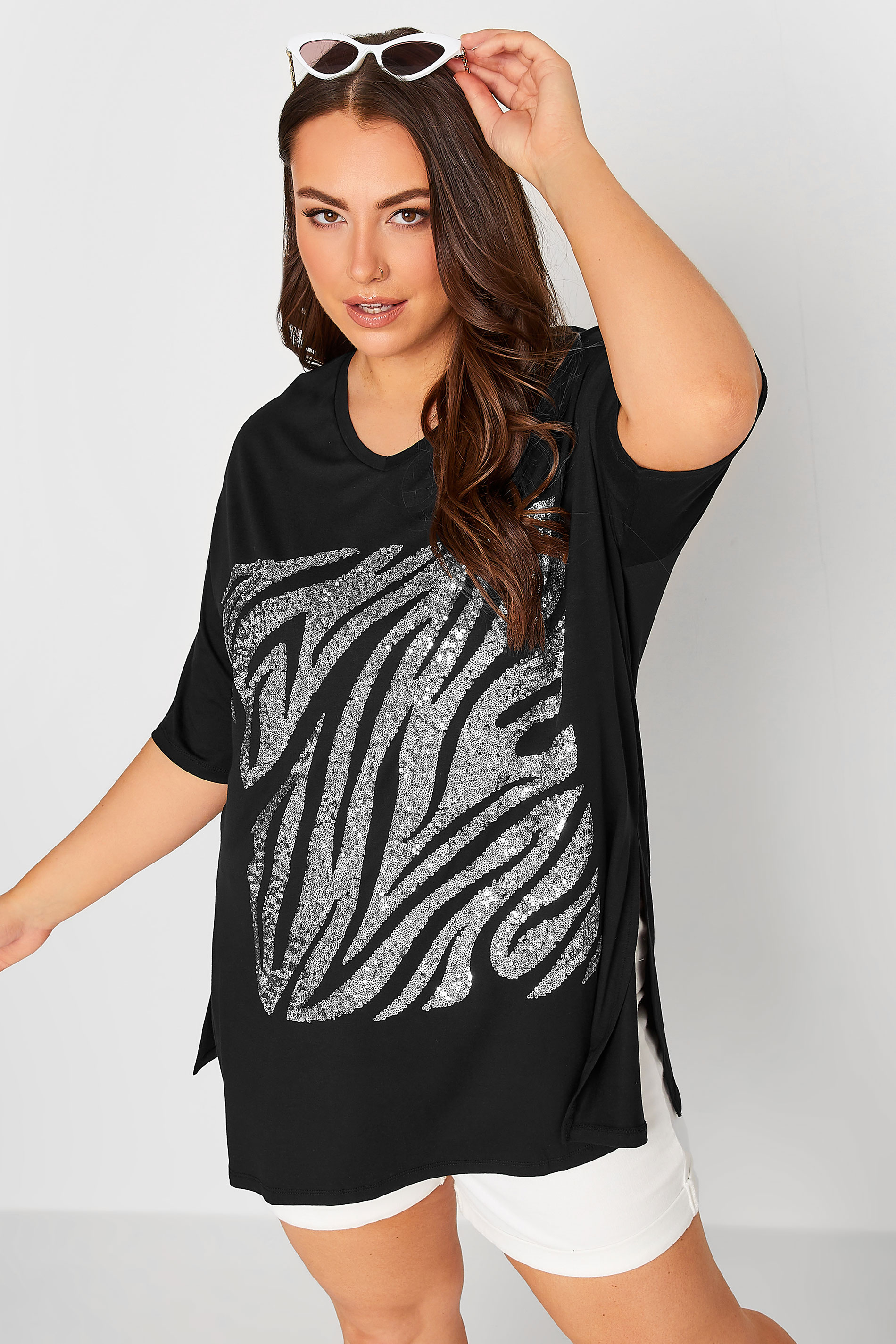 YOURS Plus Size Black Zebra Print Sequin Top | Yours Clothing 1