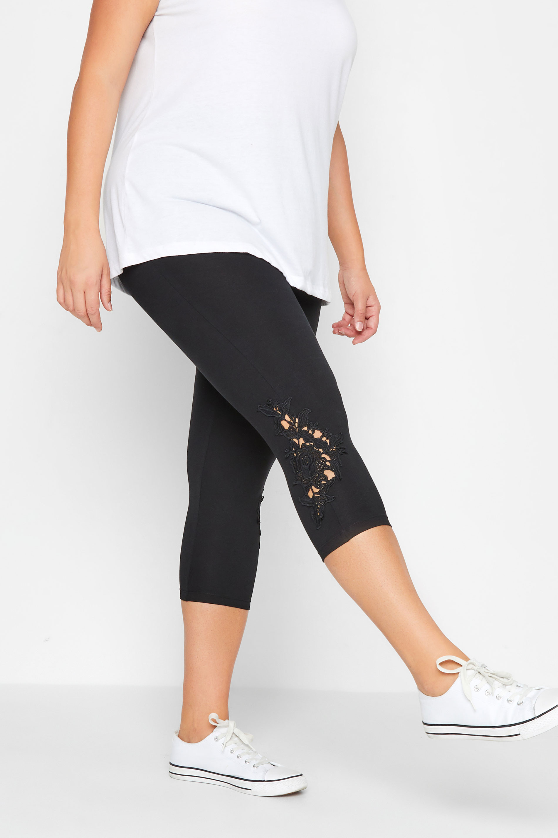 Plus Size Black Lace Cropped Leggings | Yours Clothing 1