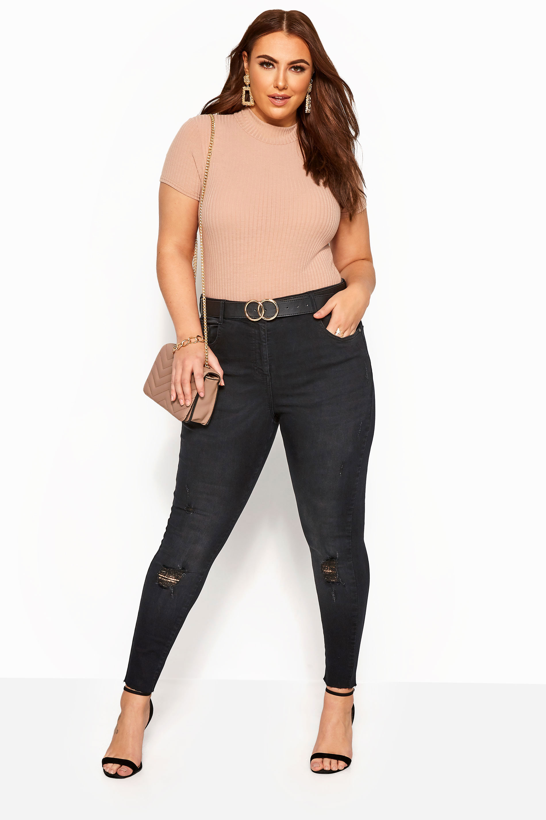 Großen Größen Jeans Großen Größen Skinny Jeans | AVA Skinny Stretch-Jeans mit Rissen - Schwarz gewaschen - XY73618