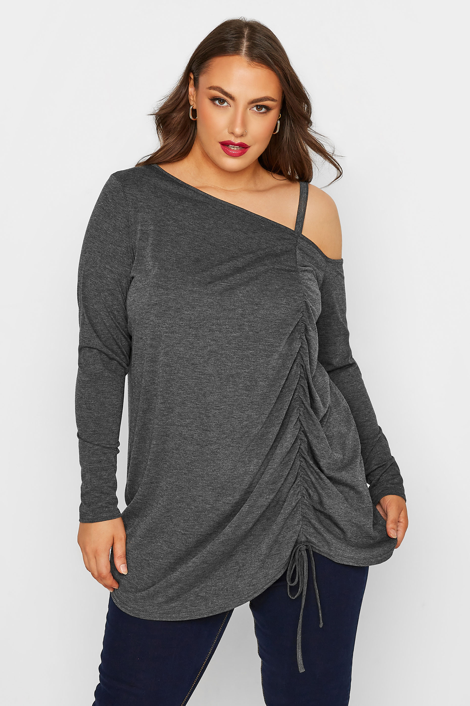 LIMITED COLLECTION Plus Size Charcoal Grey Ruched One Shoulder Top | Yours Clothing 1