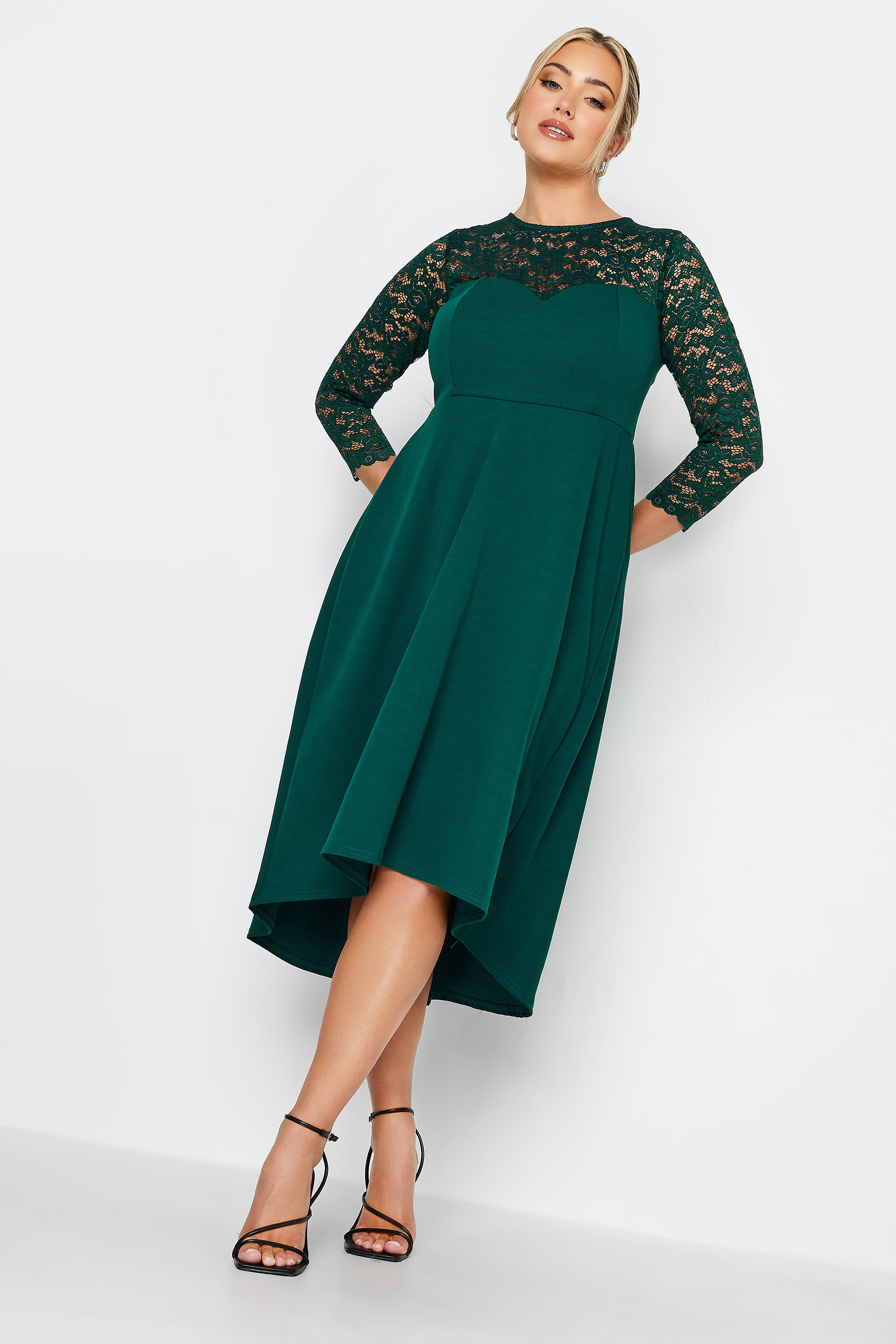 YOURS LONDON Plus Size Emerald Green Lace Sweetheart Midi Dress | Yours Clothing 2