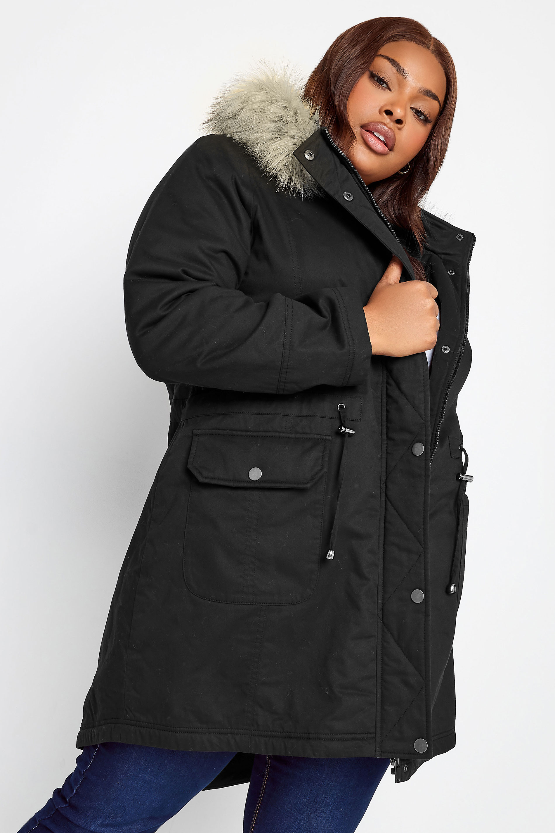 YOURS Curve Plus Size Black Faux Fur Hood Parka Coat | Yours Clothing  1