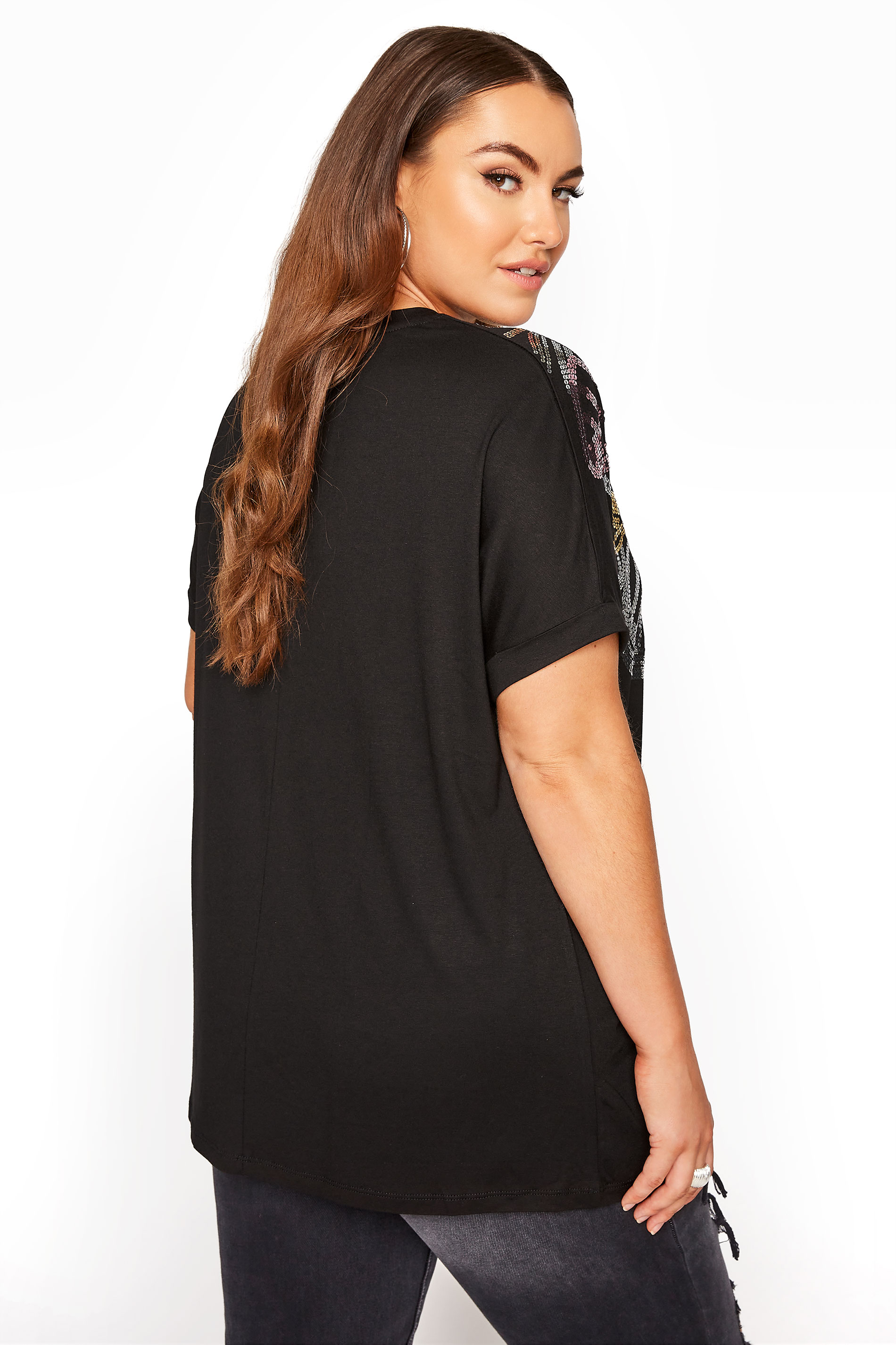 Plus Size Black Sequin Embellished T-Shirt | Yours Clothing 3