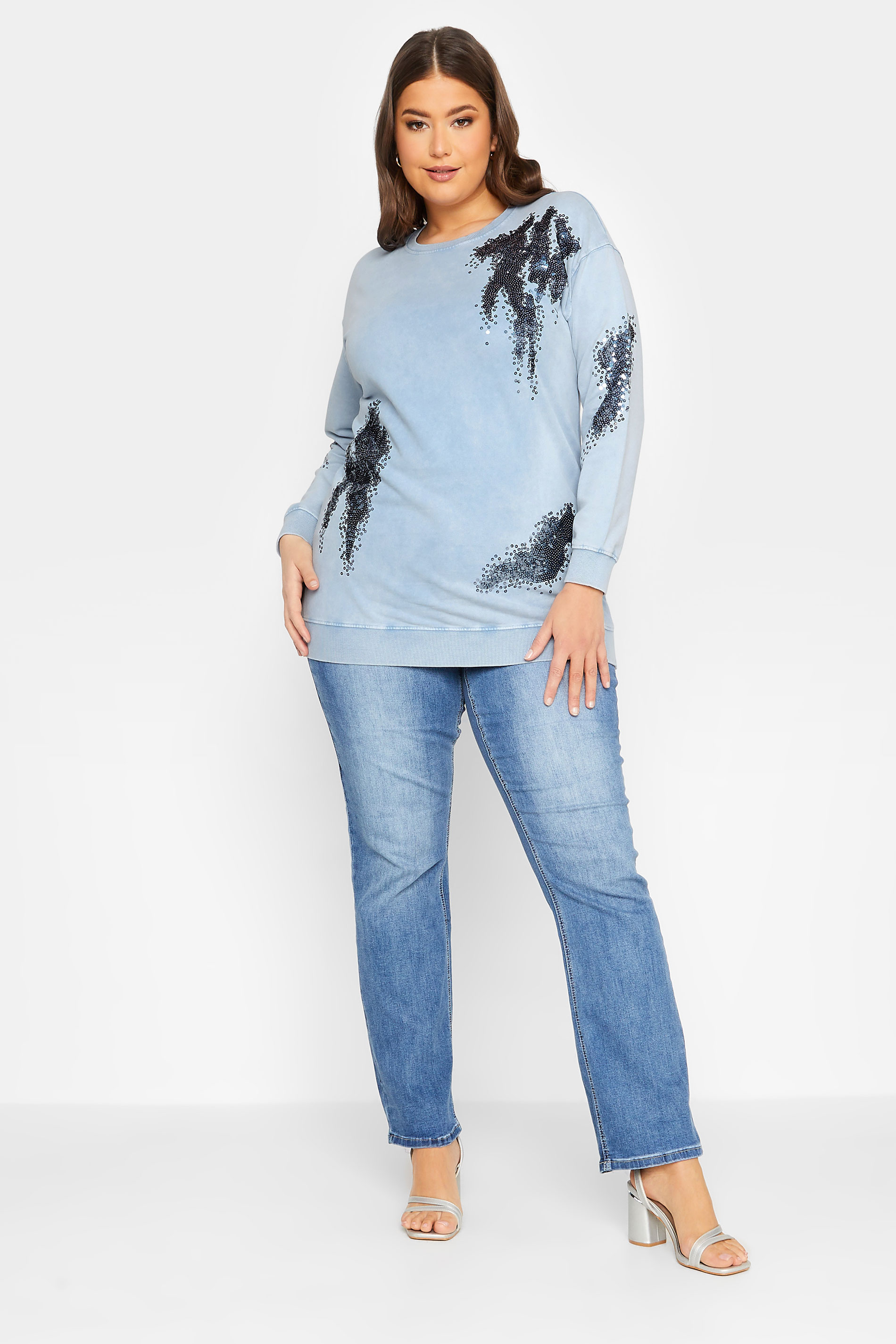 YOURS LUXURY Plus Size Light Blue Acid Wash Sequin Sweatshirt | Yours Clothing  2