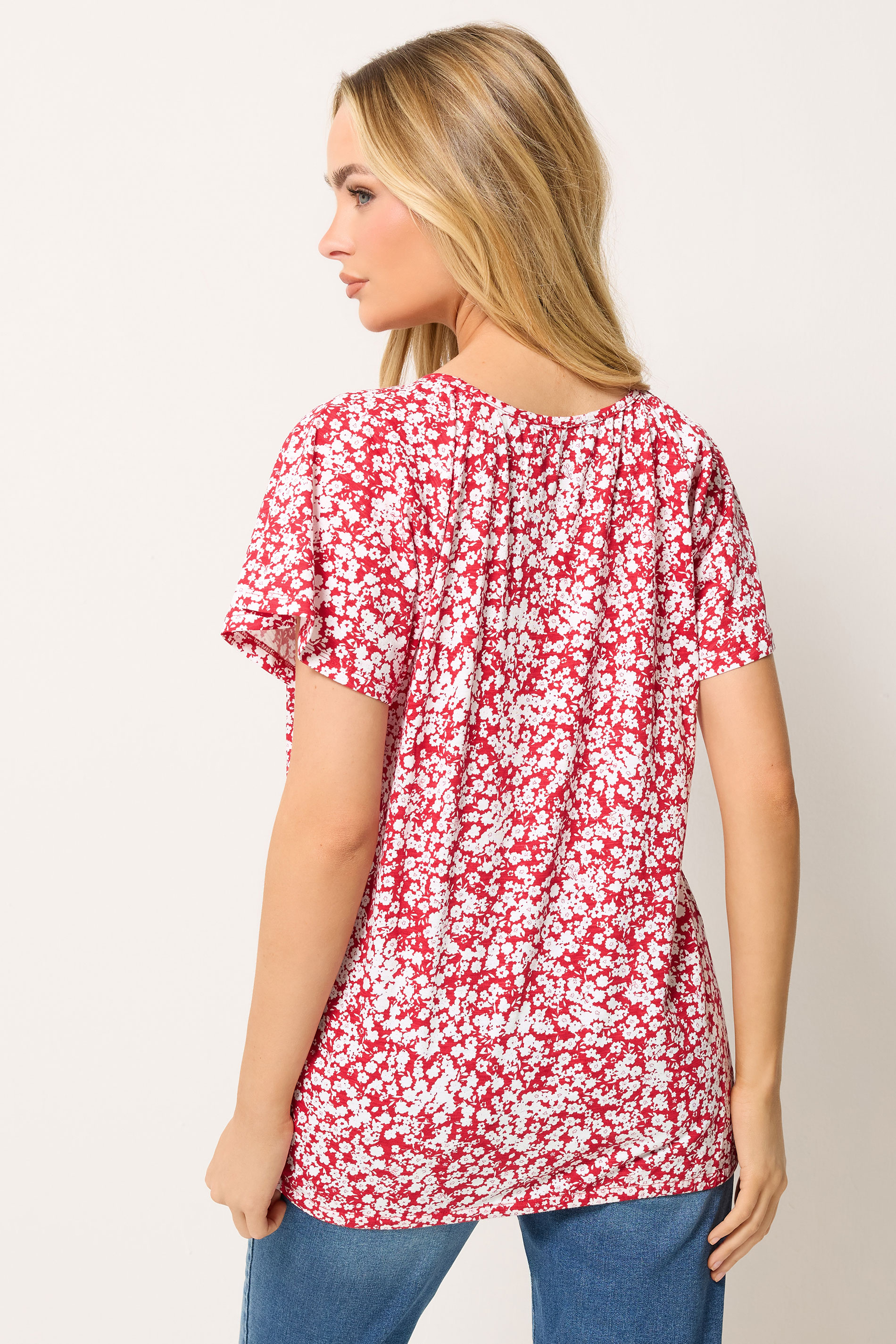 M&Co Red Ditsy Floral Cotton Scoop Neck Top | M&Co 2
