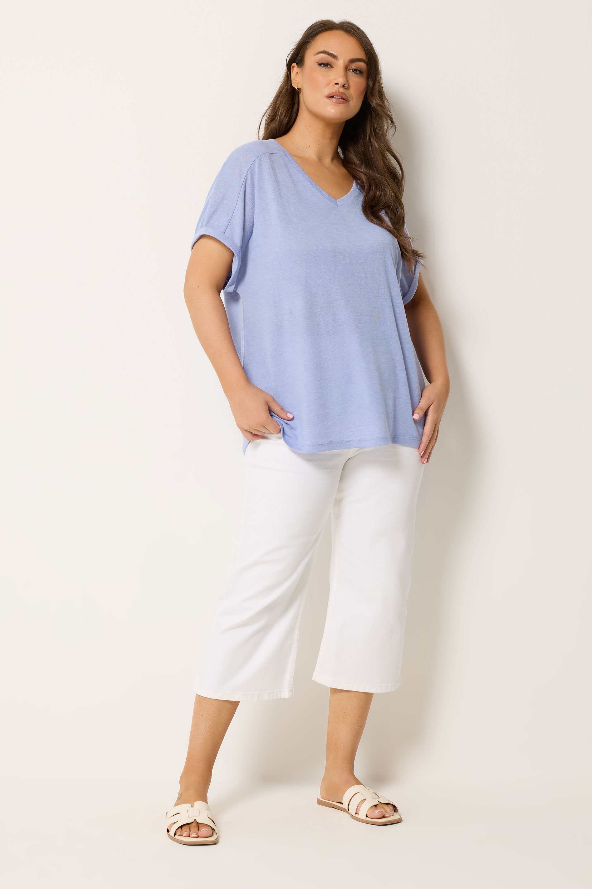 YOURS Plus Size Light Blue Linen Look T-Shirt | Yours Clothing 1