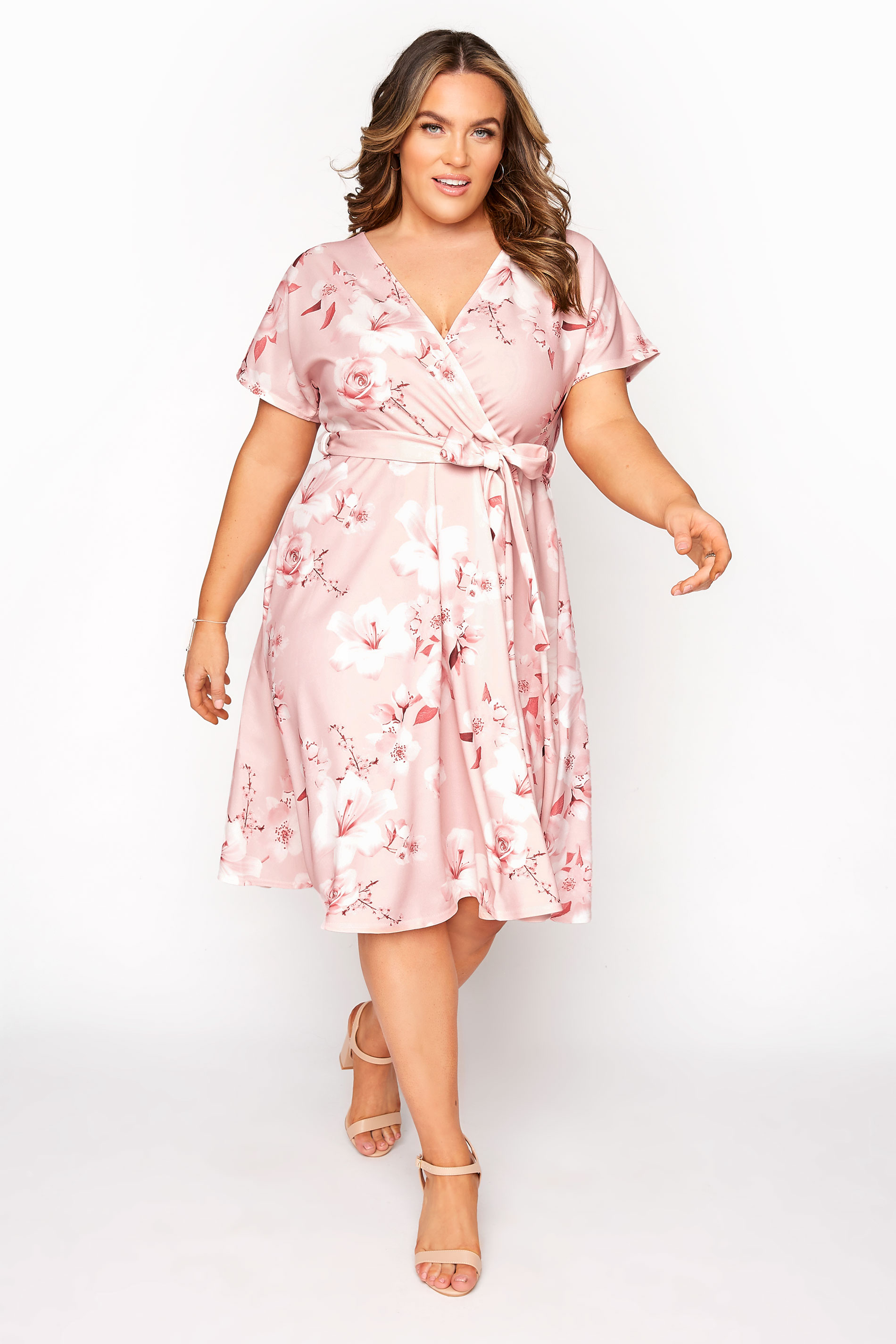 Yours London Blush Pink Floral Wrap Skater Dress Yours Clothing