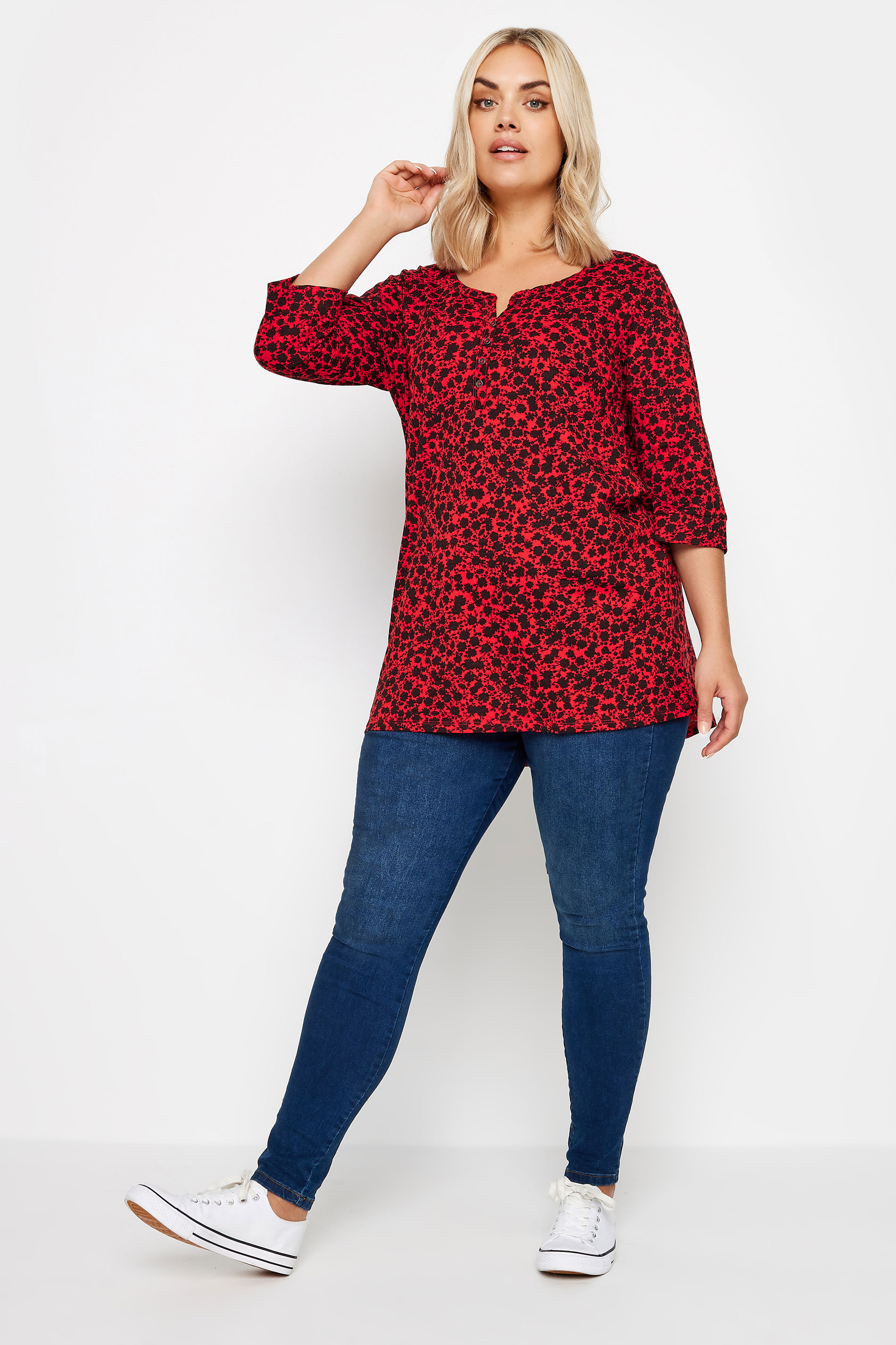 YOURS Plus Size Red Ditsy Floral Pintuck Henley T-Shirt | Yours Clothing  2
