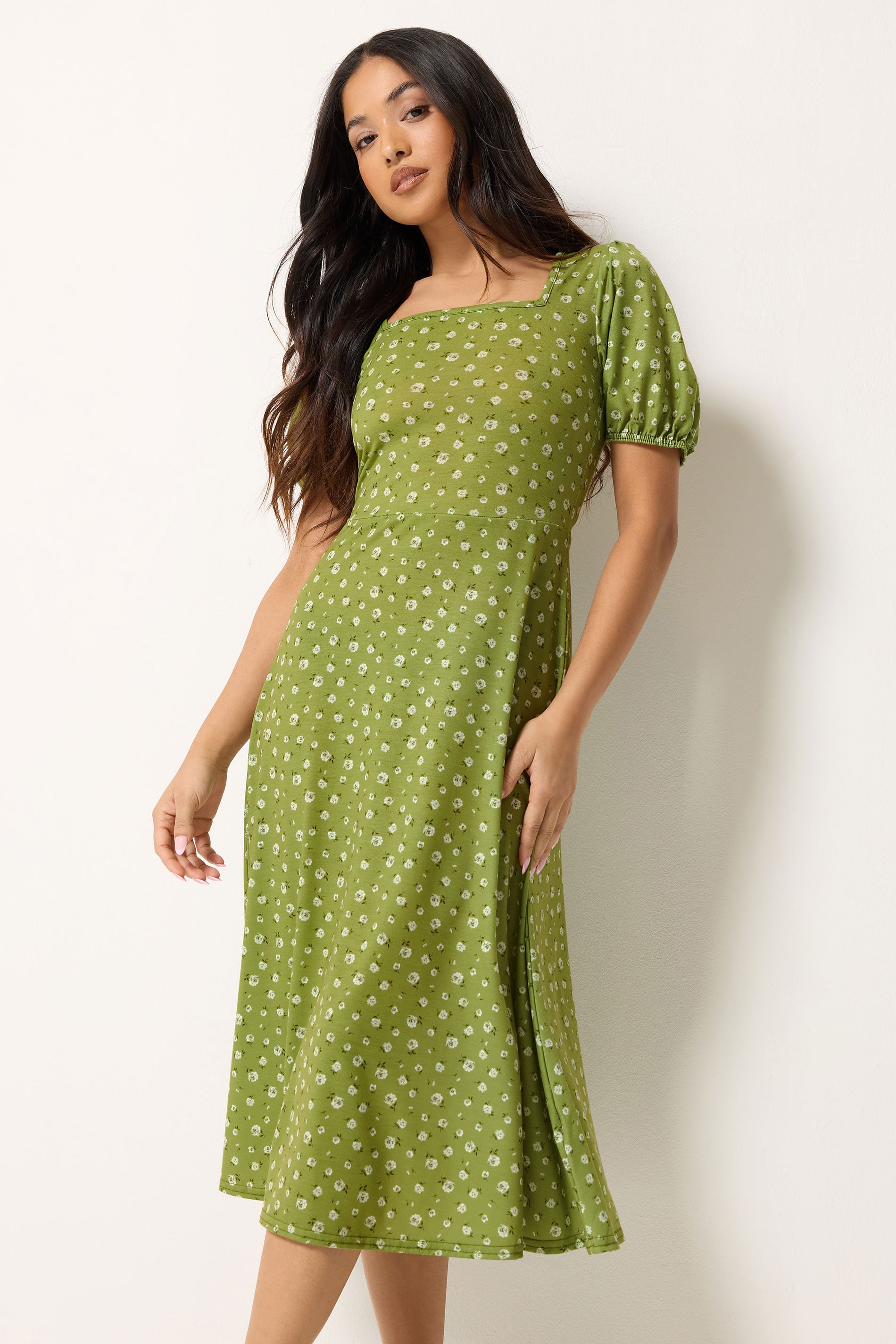 PixieGirl Petite Green Ditsy Floral Midi Dress | PixieGirl 3