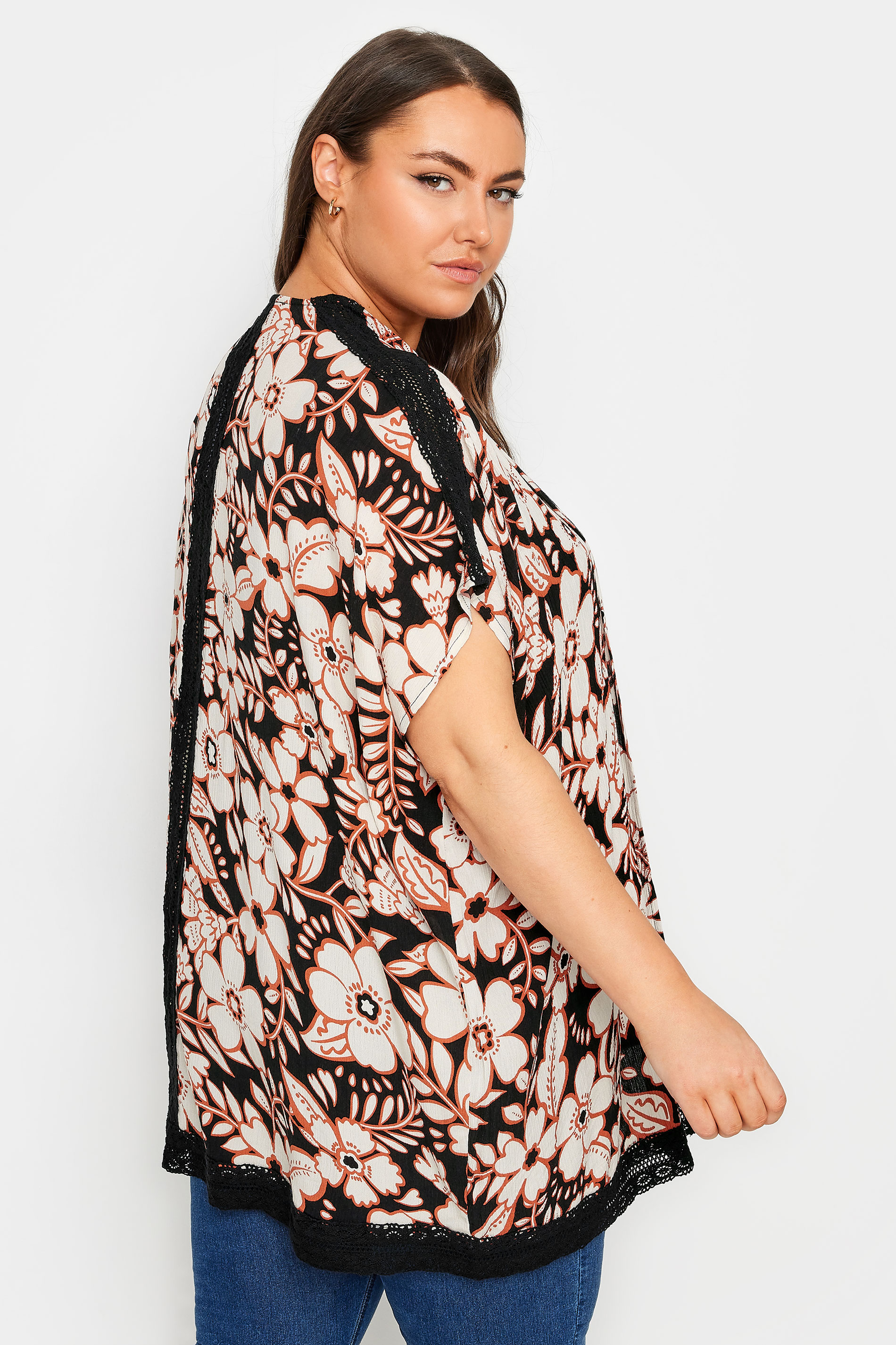YOURS Plus Size Black Floral Print Crochet Trim Kimono | Yours Clothing 3