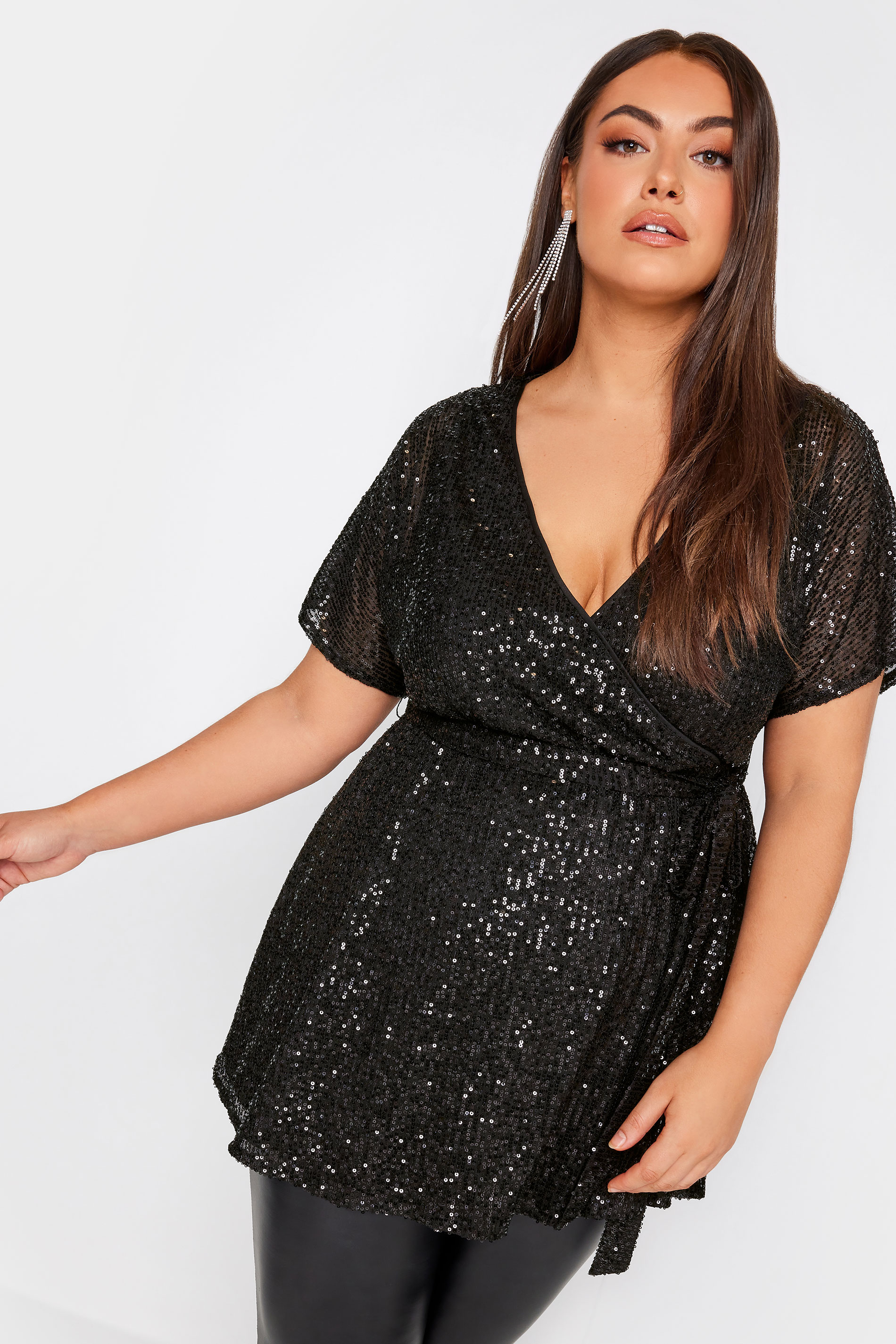 YOURS LONDON Plus Size Black Sequin Short Sleeve Wrap Top | Yours Clothing 1