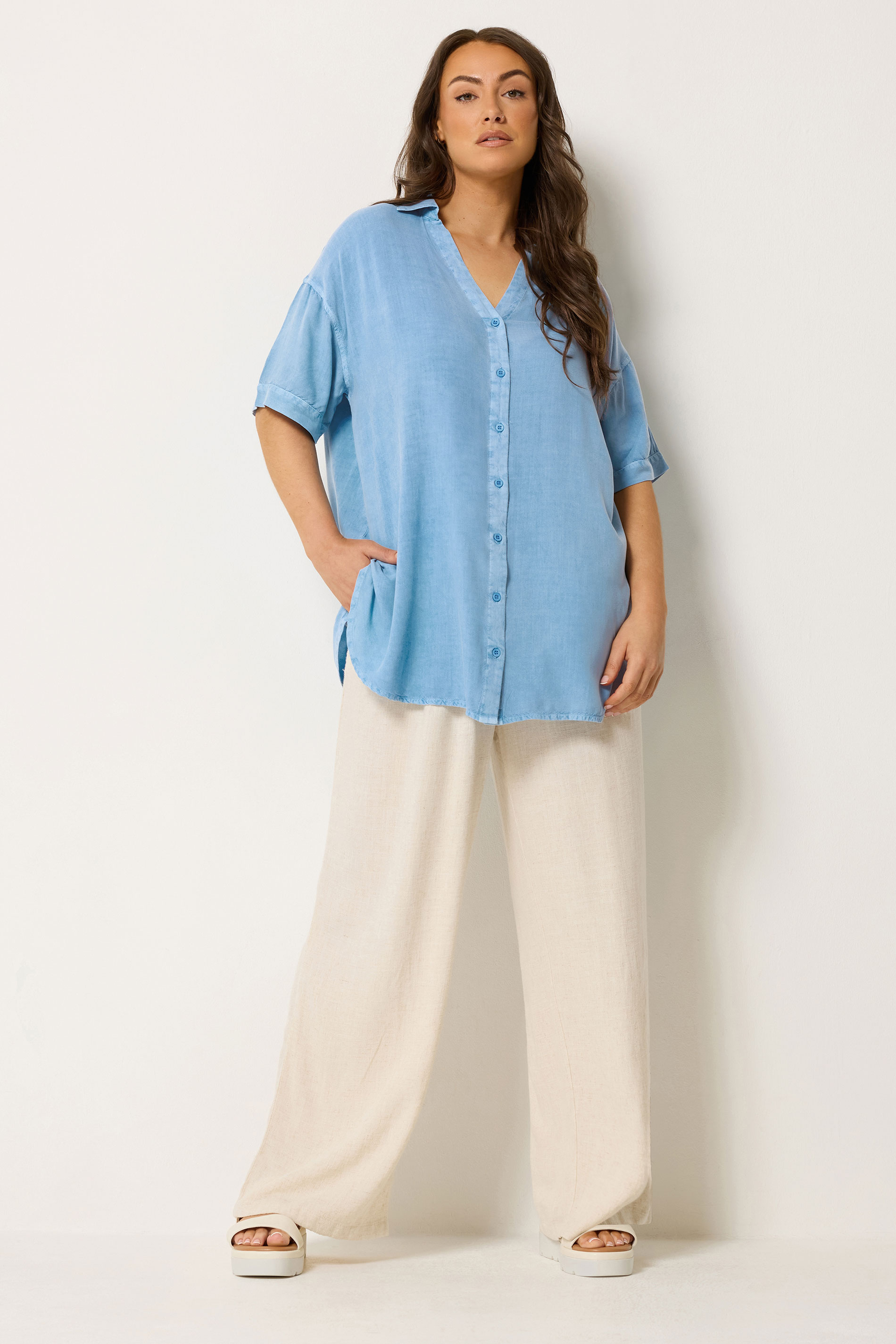 YOURS Plus Size Light Blue Short Sleeve Chambray Shirt | Yours Clothing 1